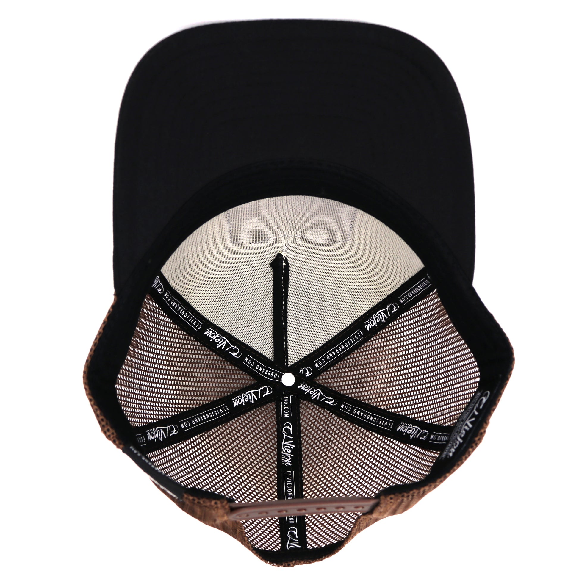 Venado Black/Ivory/Brown AVC hat, high profile, 5-panel, with brown mesh and adjustable snapback.