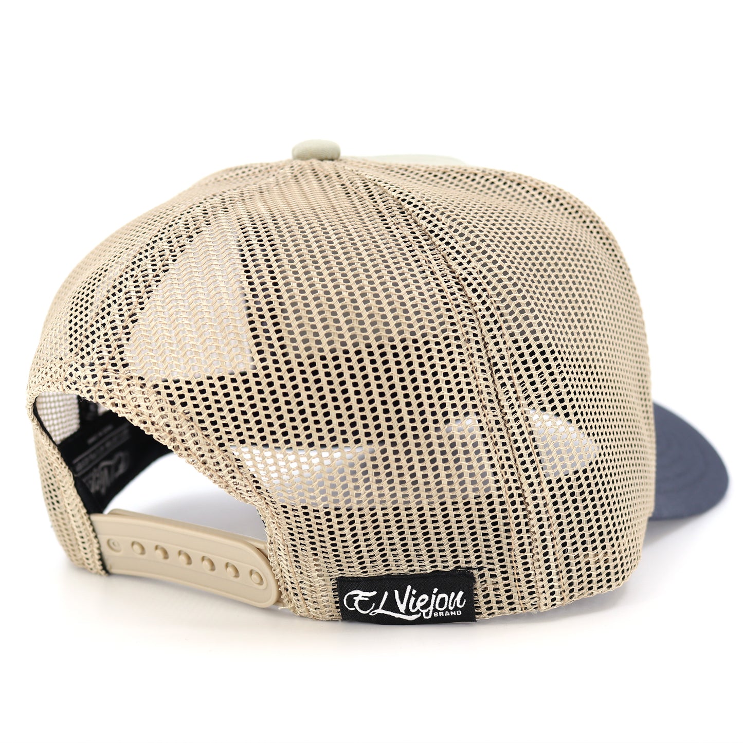 Venado Grey/Tope/Khaki AVC hat with beige mesh back, adjustable snapback, and "El Viejou Brand" tag.