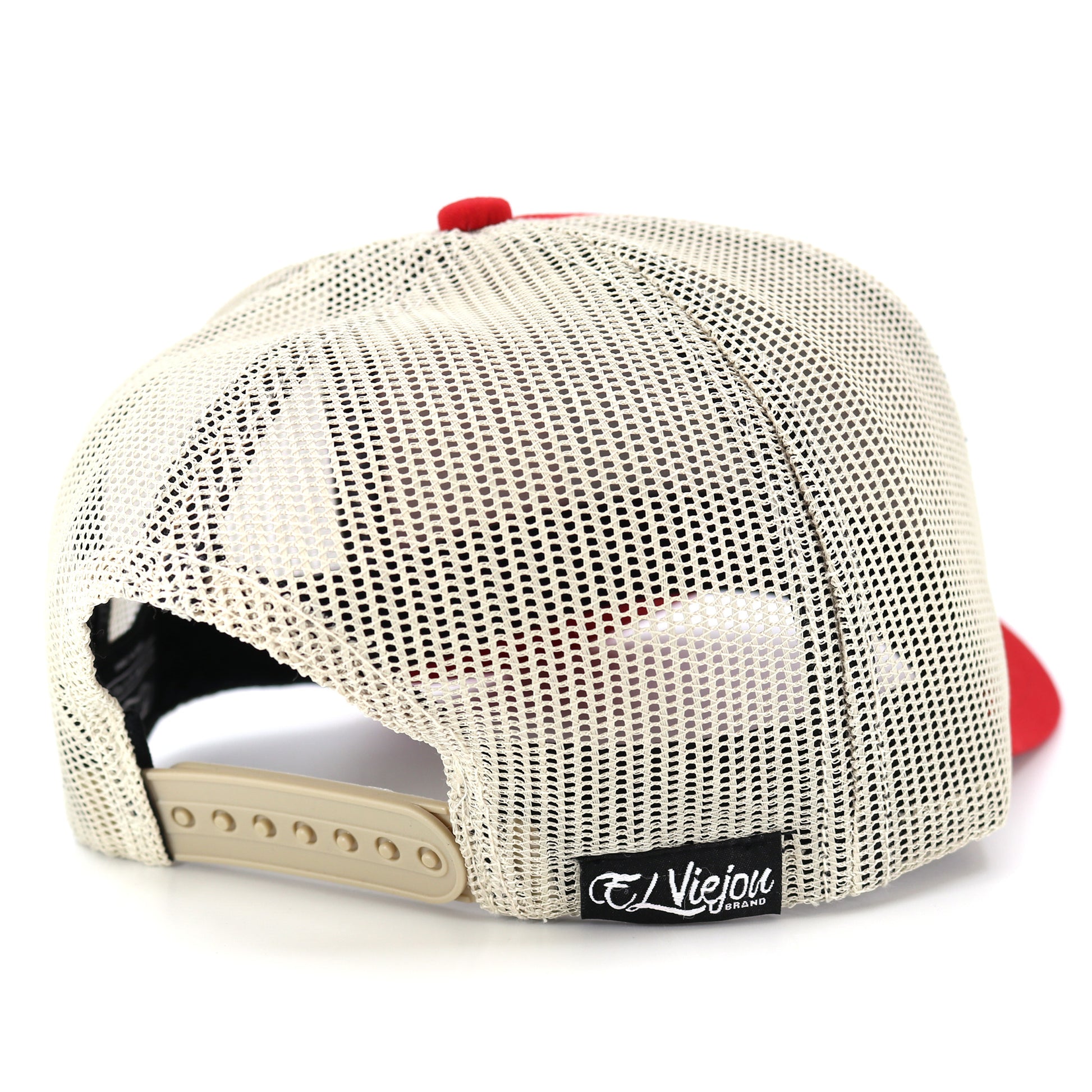 Venado Red/Khaki AVC hat with beige mesh back, red brim, and adjustable snapback closure.
