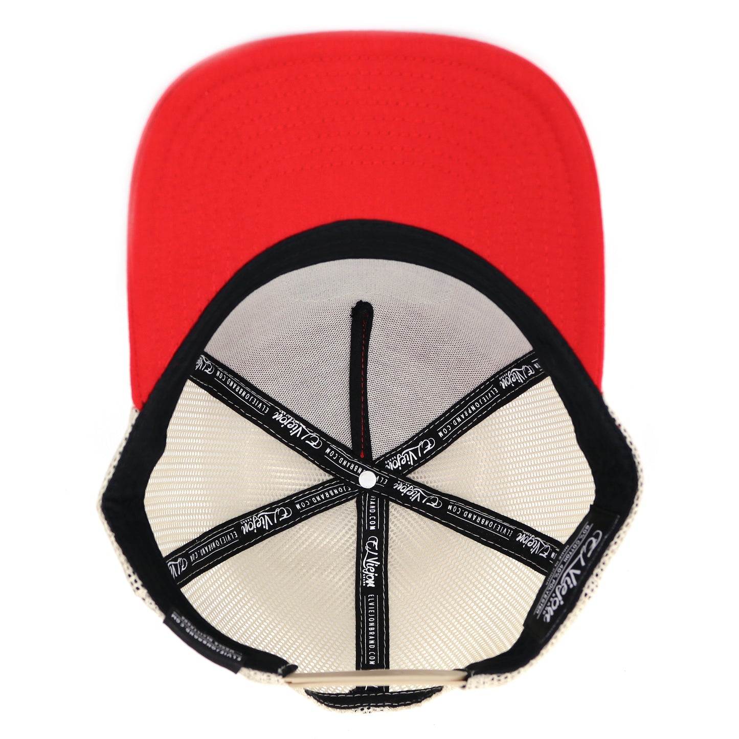 Venado Red/Khaki AVC hat, top-down view showing red crown, khaki mesh, and adjustable snapback.