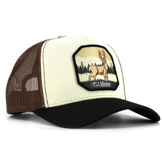 Venado Black/Ivory/Brown AVC hat with deer patch, brown mesh, and black visor.
