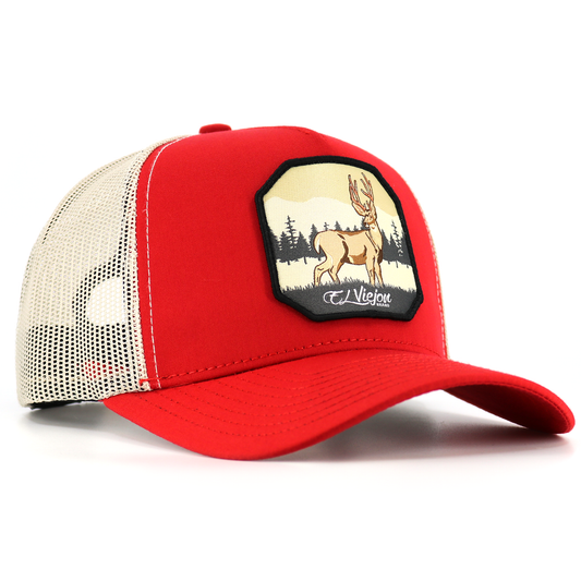Venado Red/Khaki AVC hat with deer patch, mesh back, and pre-curved visor.