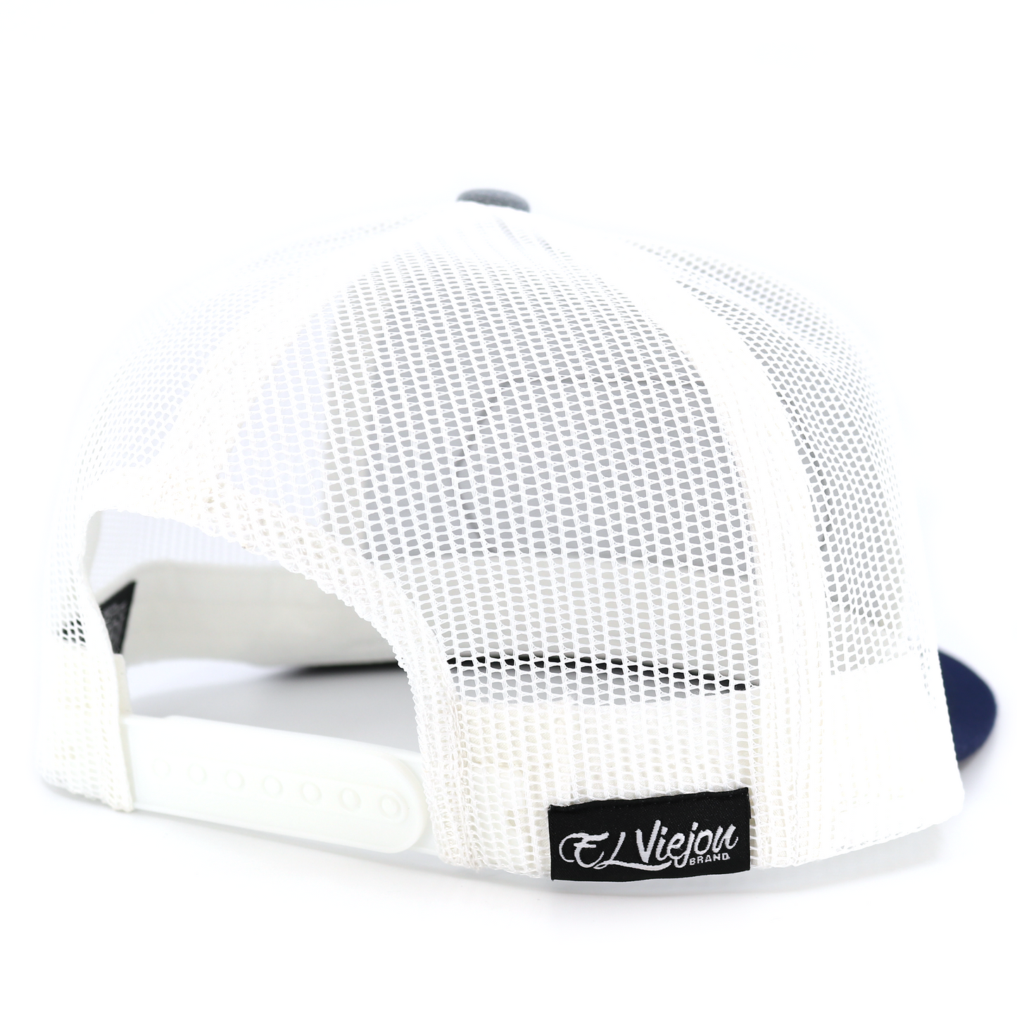 Chivo Navy/Heather/White TruCap™ trucker hat, rear view, with white mesh and adjustable snapback.