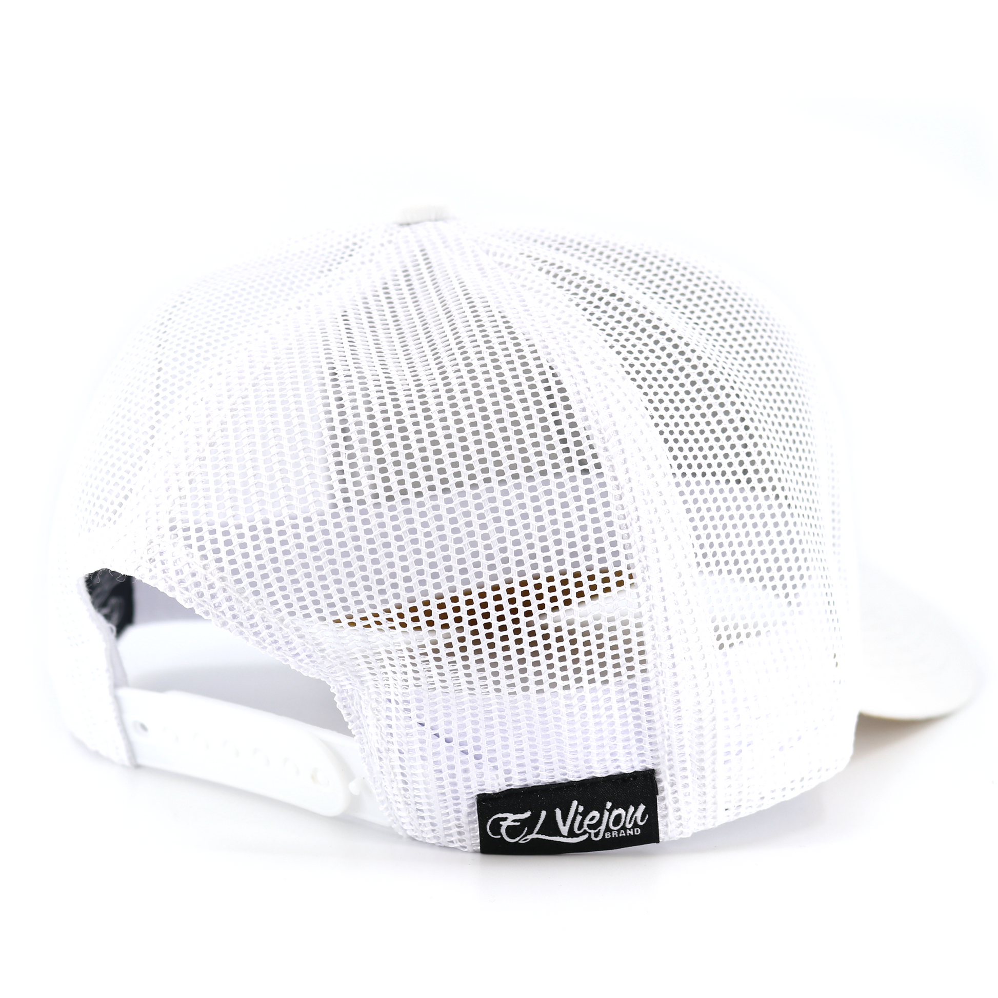 San Judas White AVC hat, high profile, white mesh back, adjustable snapback, El Viejon Brand tag.