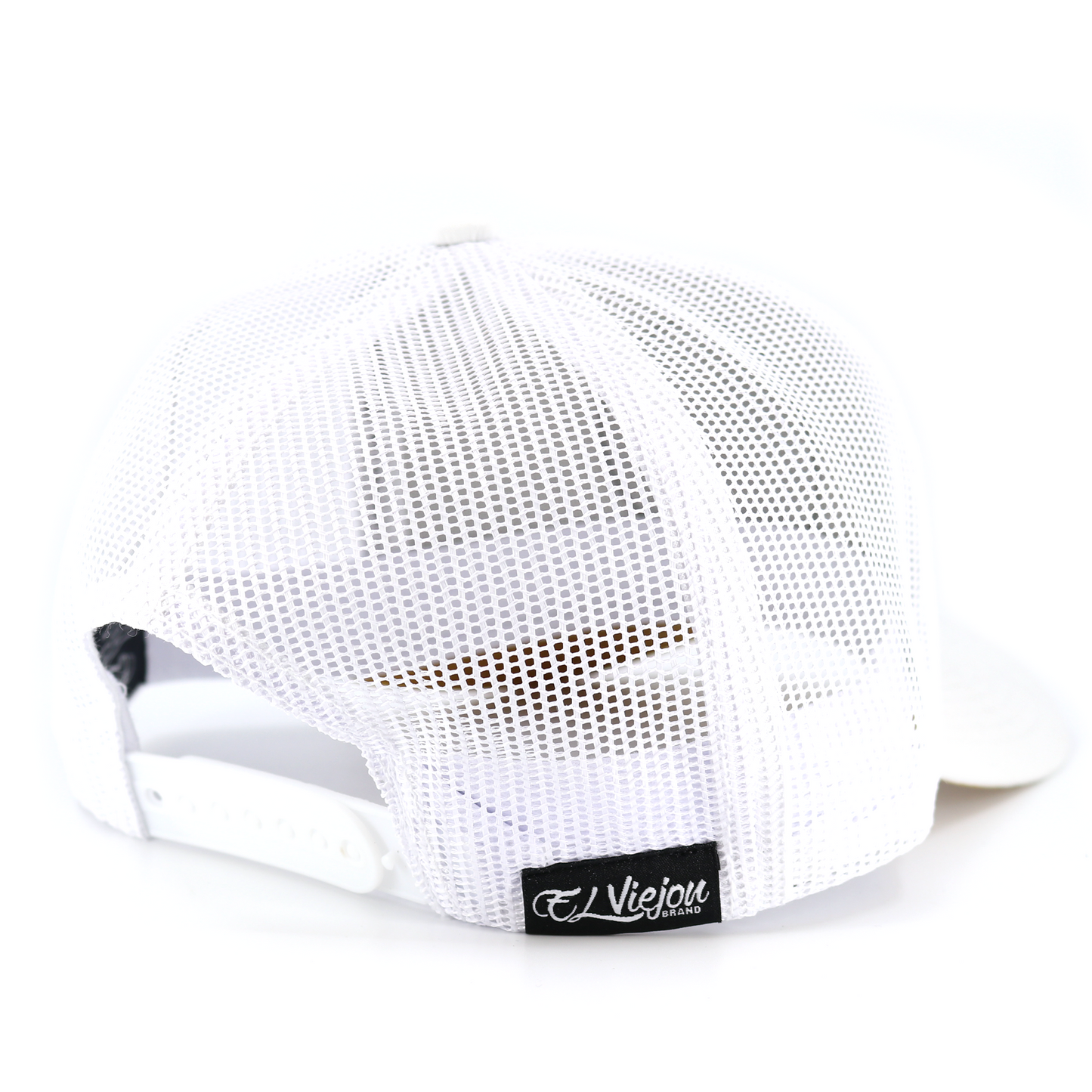 Cachas de Oro White AVC hat, high profile, white mesh back with adjustable snapback and "El Viejon Brand" tag.
