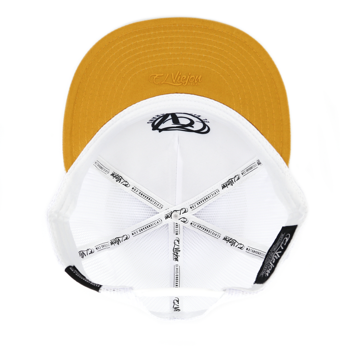 San Judas White flat visor trucker hat with white mesh and yellow brim, viewed from underneath.