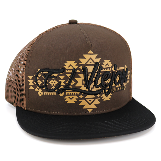 Brown and black flat visor snapback hat with "El Viejo Brand" text and geometric pattern.