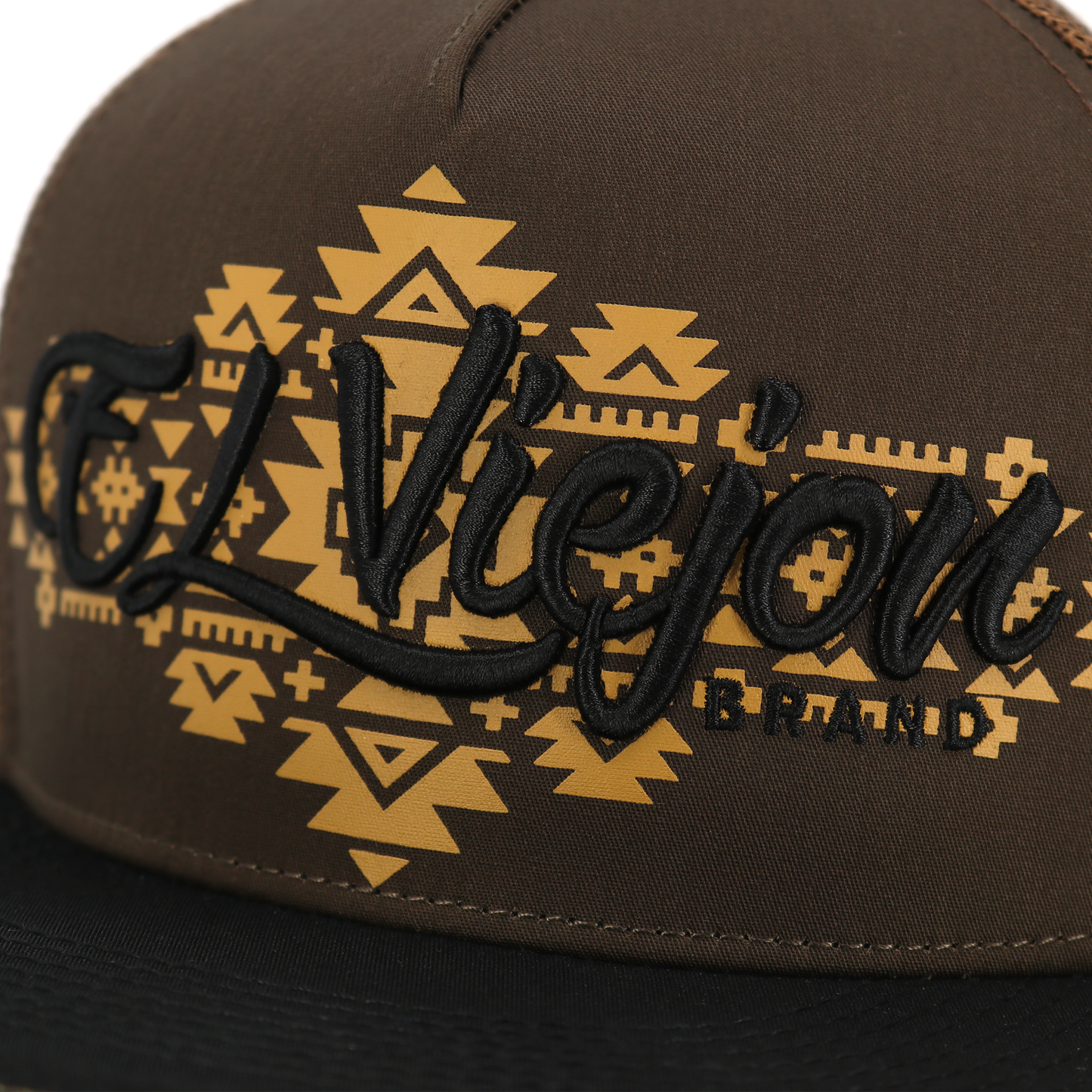 Yucca black/brown flat visor hat with "El Viejon" embroidered in black over a brown Aztec pattern.