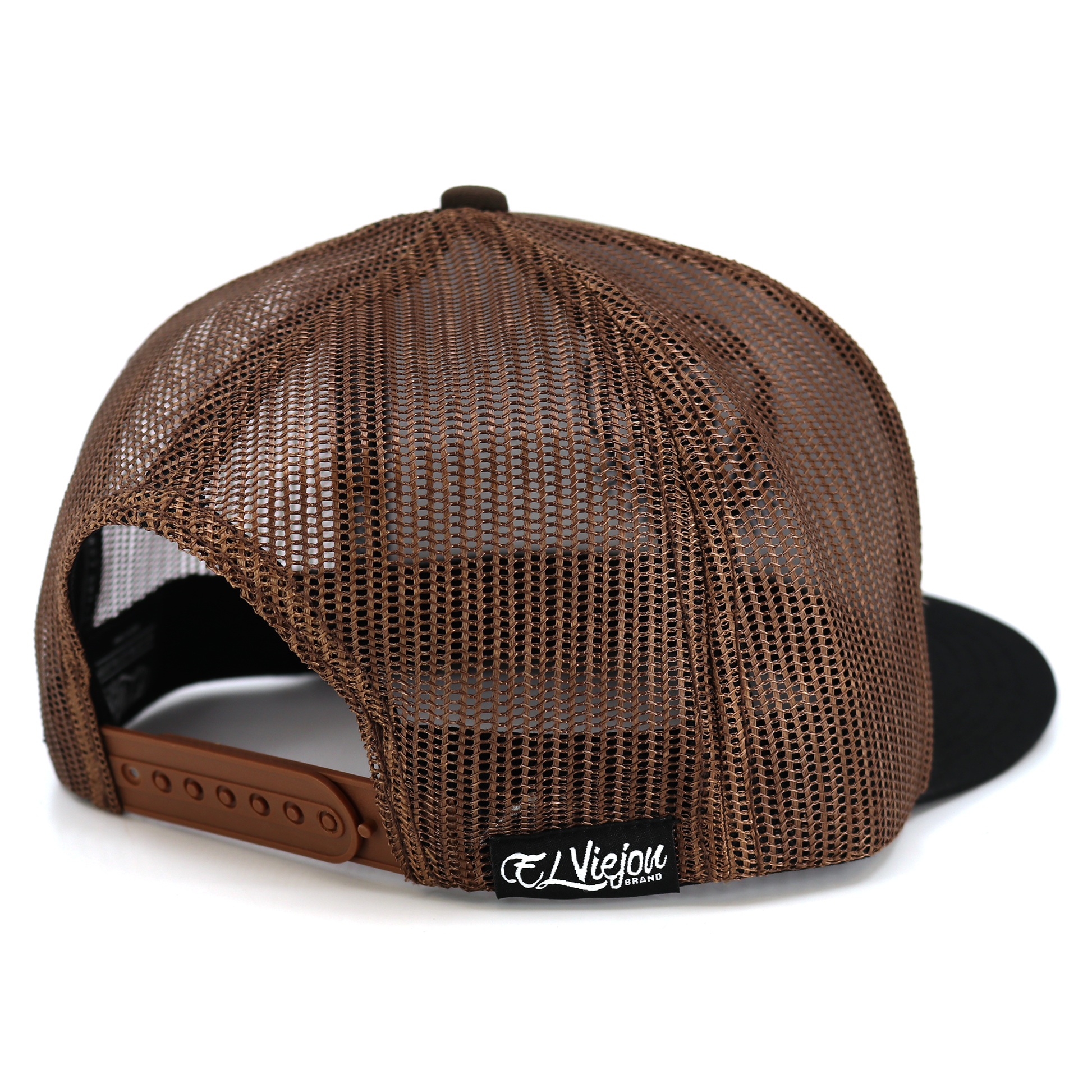 Yucca black and brown flat visor hat with brown mesh back and adjustable snapback.
