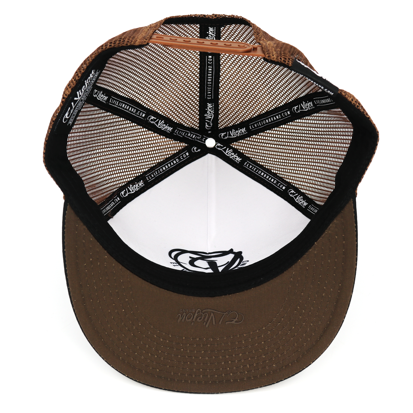 Yucca brown flat visor hat with brown mesh back, adjustable snapback, and white front panel.
