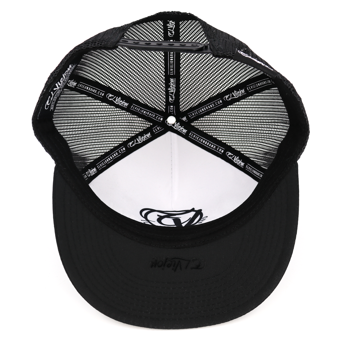 Gordito Y Barbon black flat visor hat with charcoal logo, black mesh, and adjustable snapback.