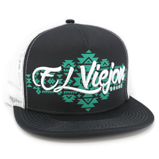 Yucca Charcoal/White flat visor hat with "El Viejo Brand" logo and green tribal pattern.