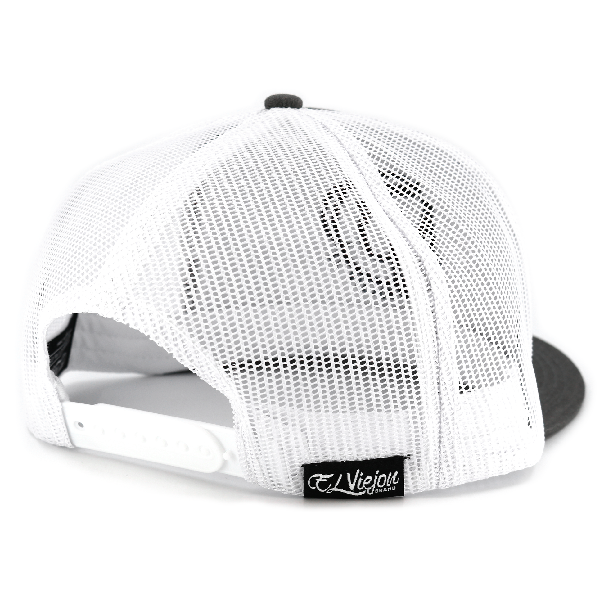 Yucca Charcoal/White flat visor hat with white mesh back and adjustable snapback.
