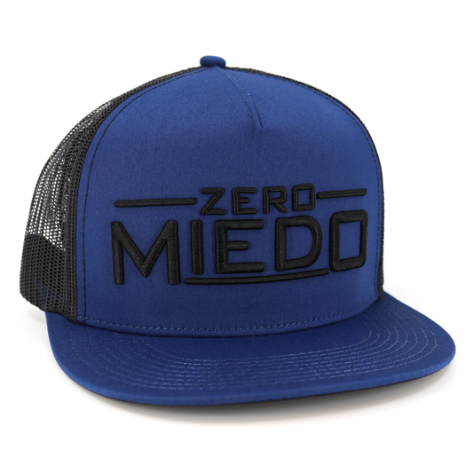 Zero Miedo navy blue flat visor hat with black mesh back and embroidered black text.