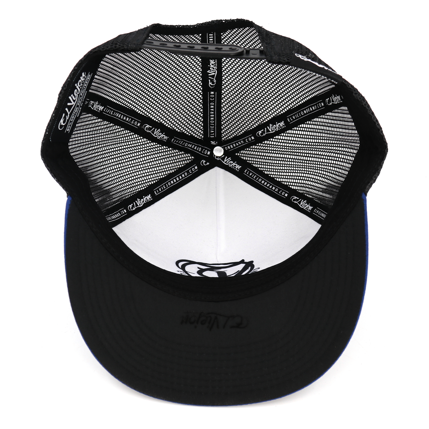 Zero Miedo Navy/Black flat visor hat, adjustable snapback, black mesh, white front panel.
