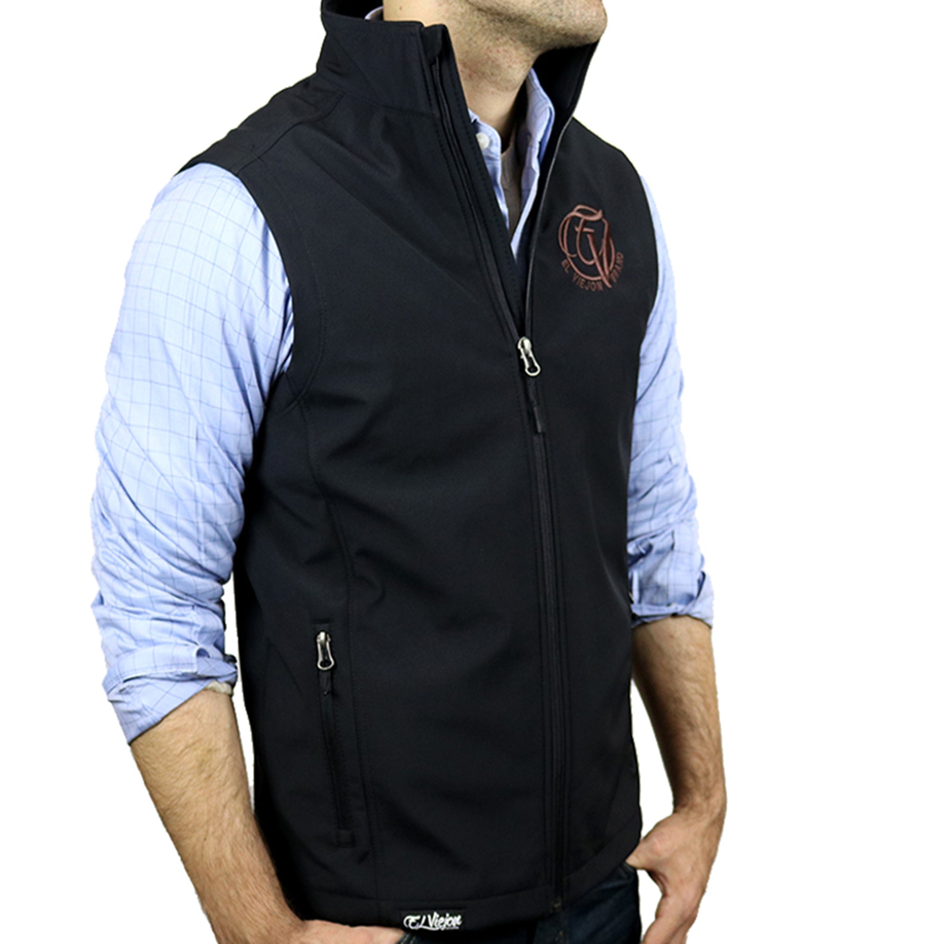 Black El Viejon Brand Vest with brown logo, full zip, cadet collar, and front pockets.
