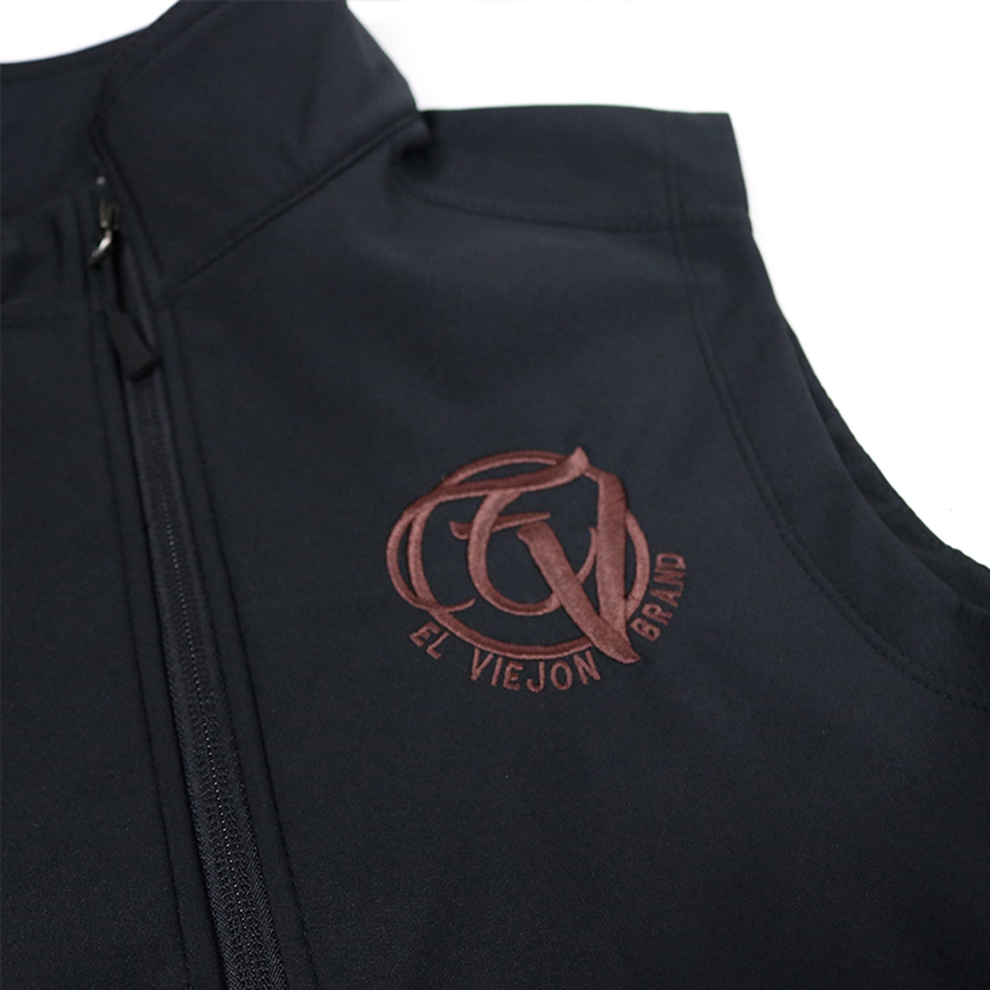 Black El Viejon Brand Vest with brown embroidered logo, zip-through cadet collar, and reverse coil zipper.