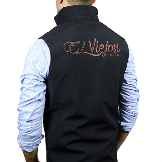 Black El Viejon Brand Vest with brown logo on back, high collar, and water-resistant polyester.