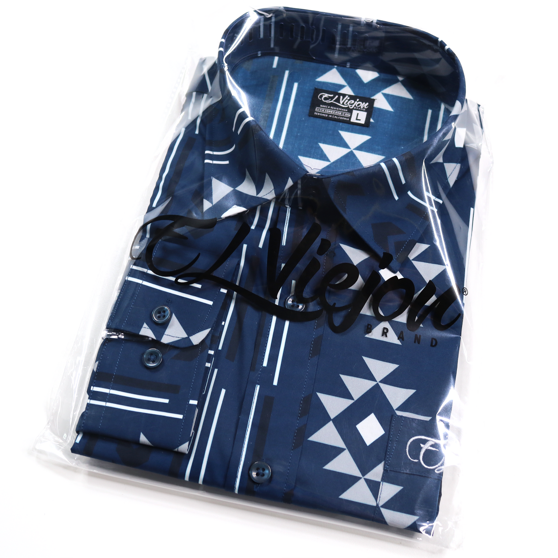 Sonora Navy El Viejon Brand dress shirt, 100% cotton, with a geometric pattern, folded in clear packaging.