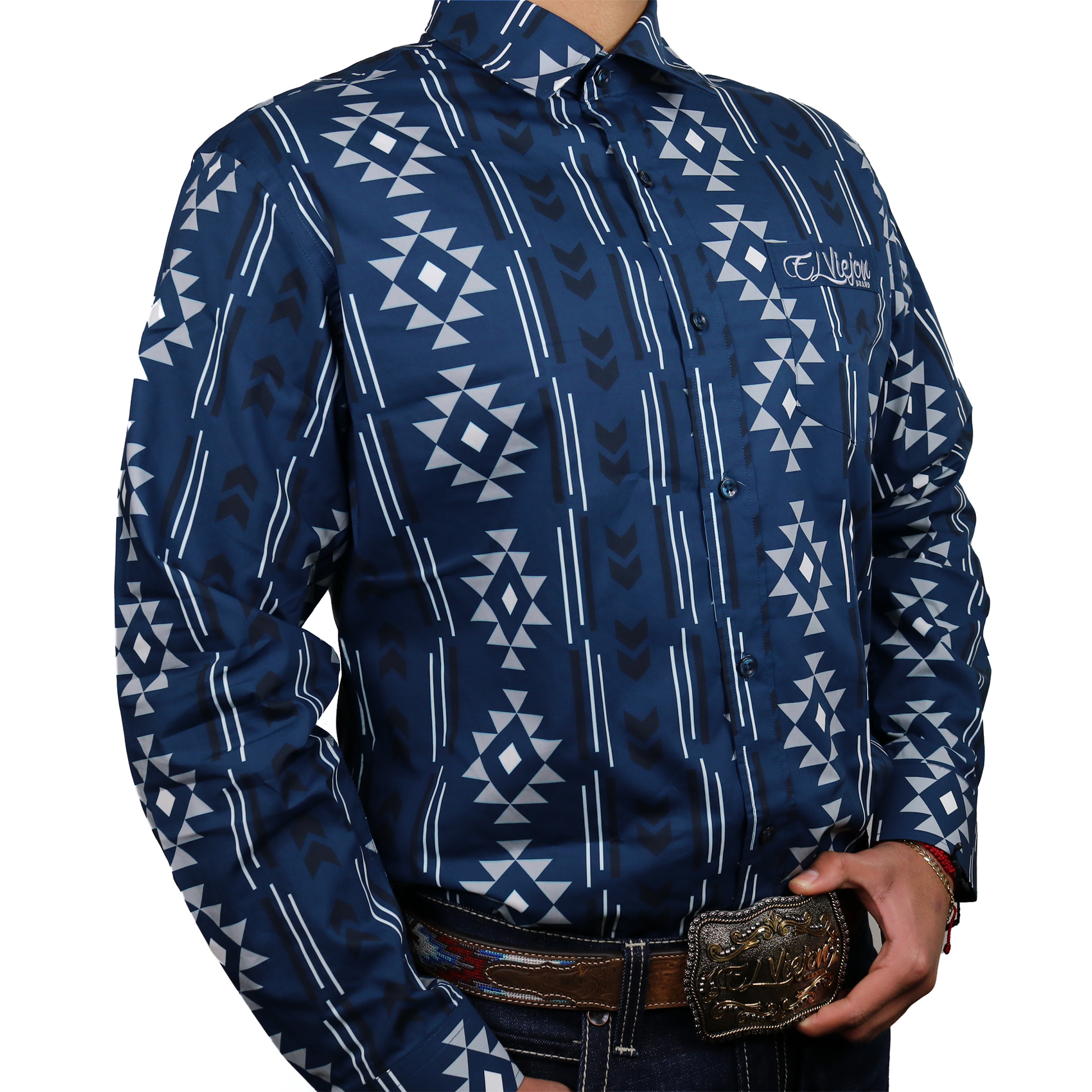 Men's Sonora Navy dress shirt, 100% cotton, with a geometric tribal pattern, front pocket, and "El Viejon Brand" logo.