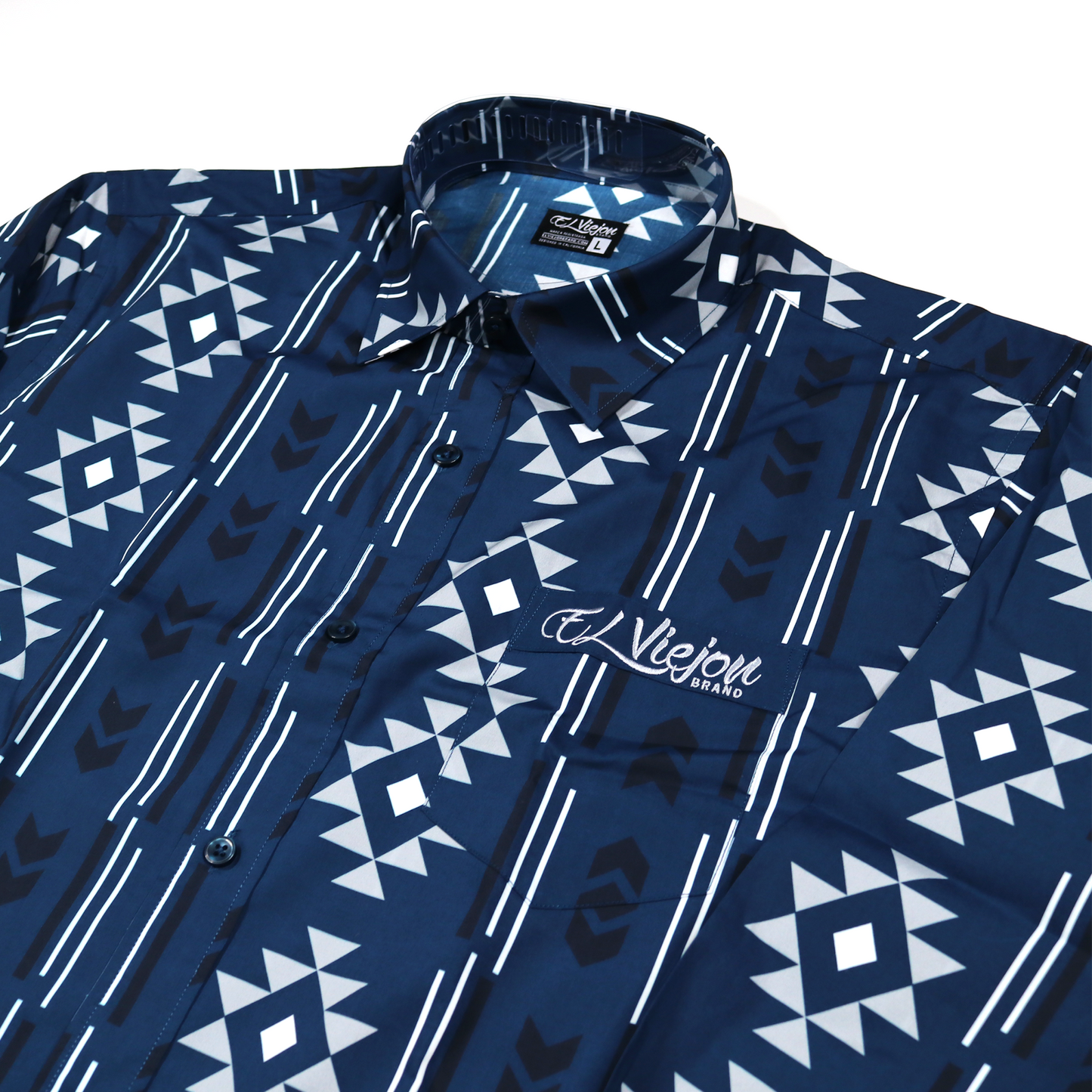 Men's Sonora Navy dress shirt with white and black geometric pattern, front pocket, and "El Viejon Brand" logo.