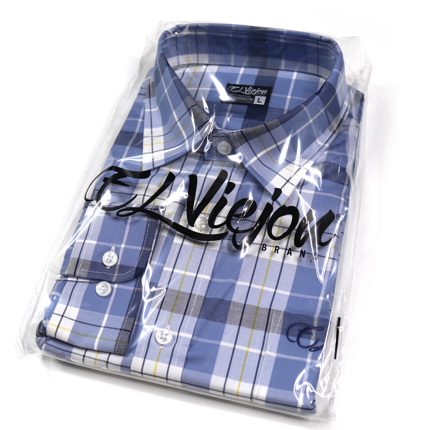 El Viejon Brand plaid blue, sky, and white long-sleeve dress shirt, size L, in clear packaging.