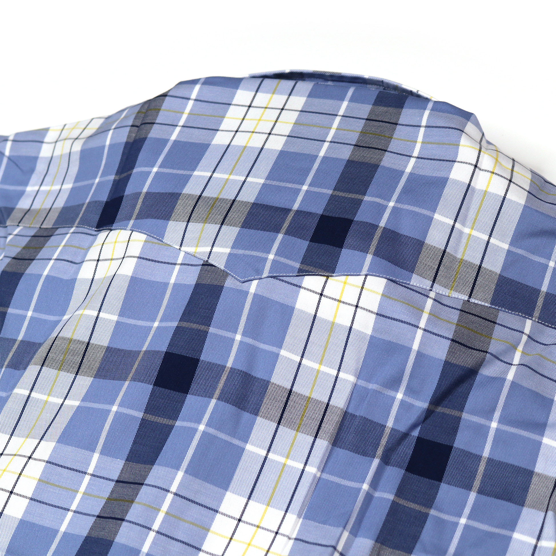 Blue, sky, and white plaid dress shirt, 75% cotton/25% modal, with a straight collar and long sleeves.