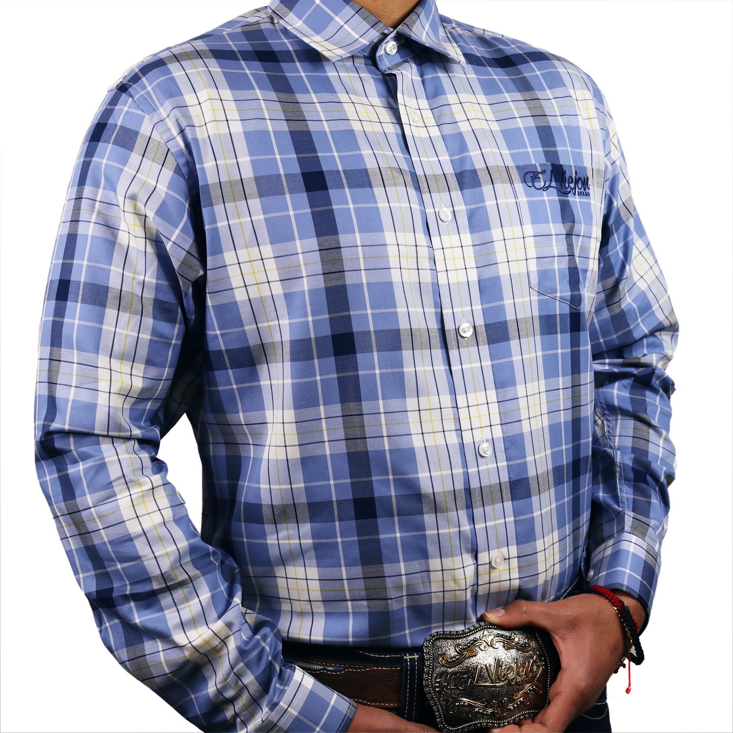 Men's blue, sky, and white plaid dress shirt with long sleeves, straight collar, front pocket, and embroidered logo.