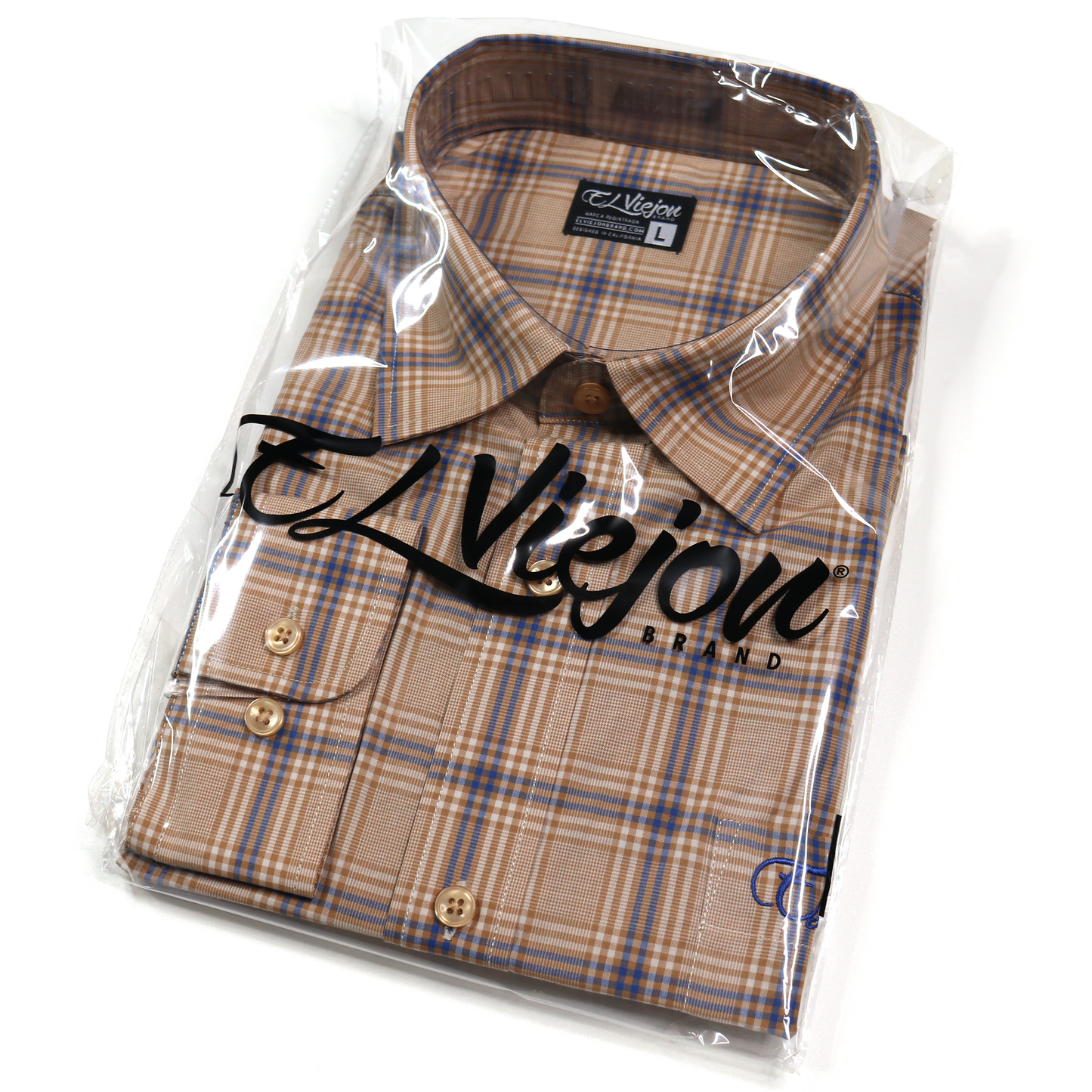 Plaid khaki, tan, and blue long-sleeve dress shirt with straight collar and front pocket, packaged.