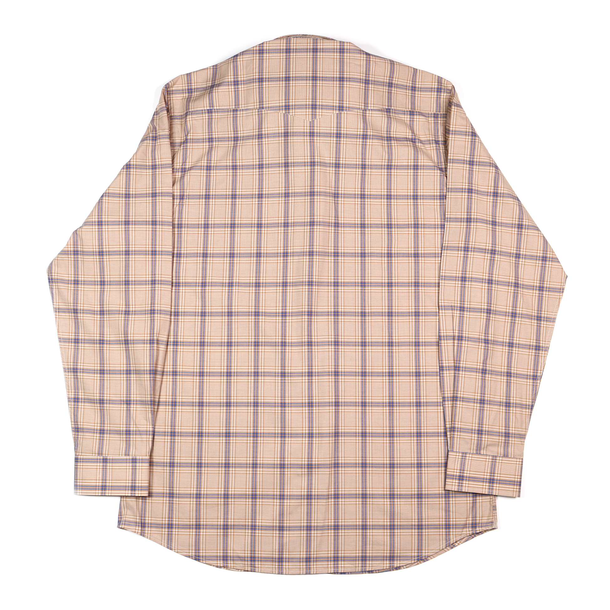 Back of a khaki, tan, and blue plaid long-sleeve dress shirt with a straight collar.