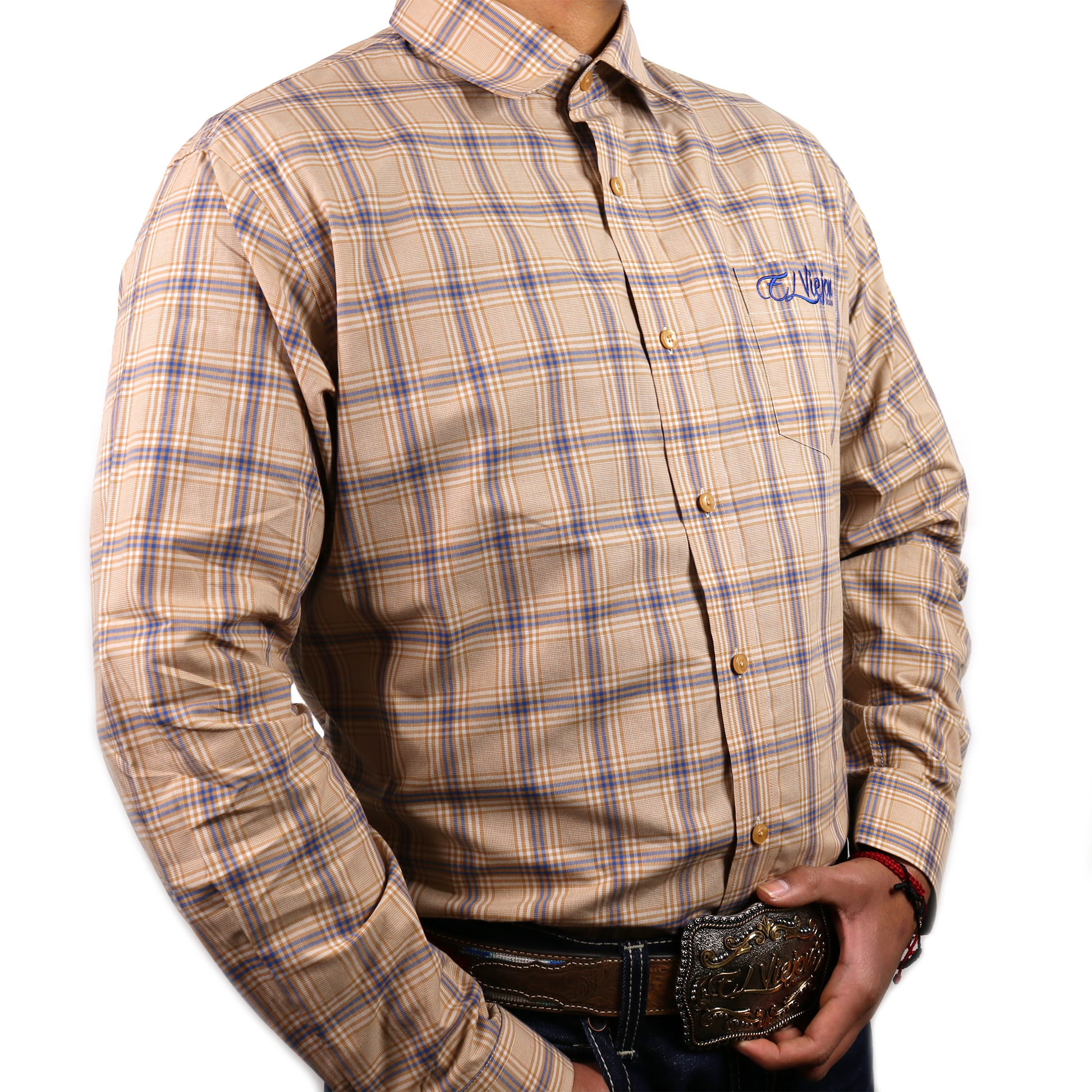 Men's khaki, tan, and blue plaid dress shirt with long sleeves, straight collar, and front pocket.