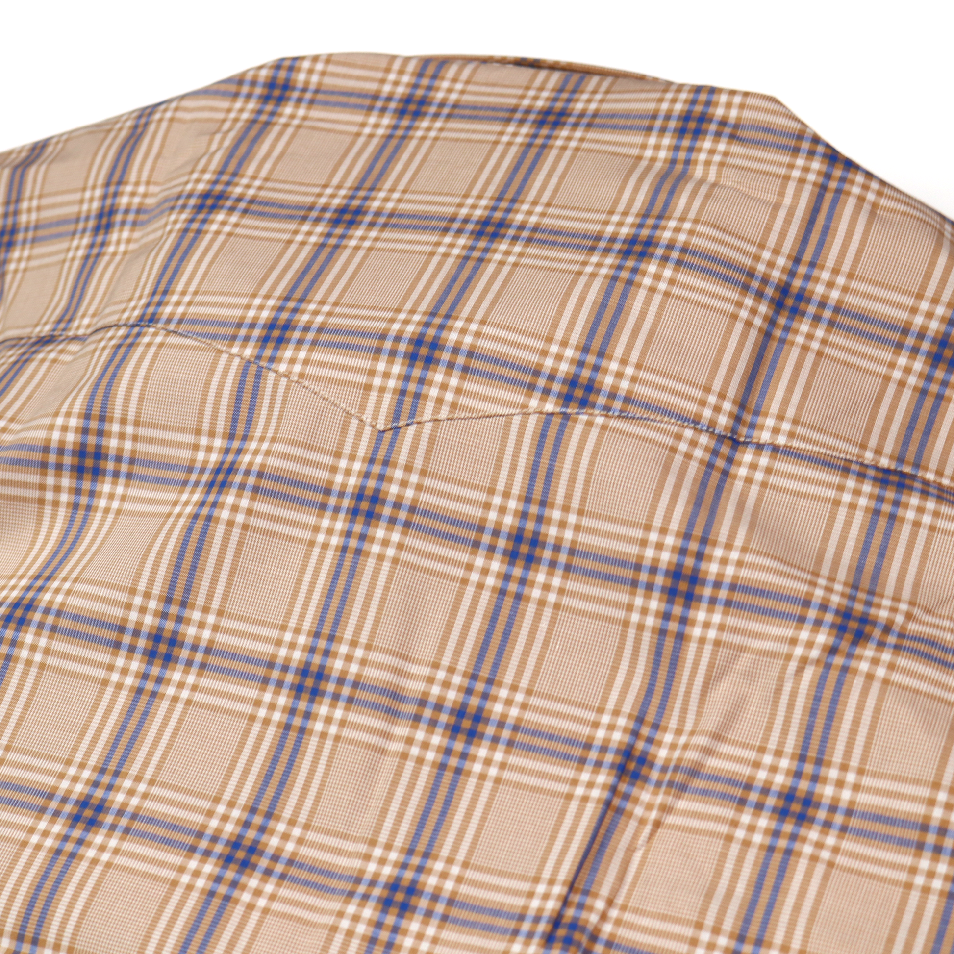 Plaid khaki, tan, and blue dress shirt with a western-style back yoke.