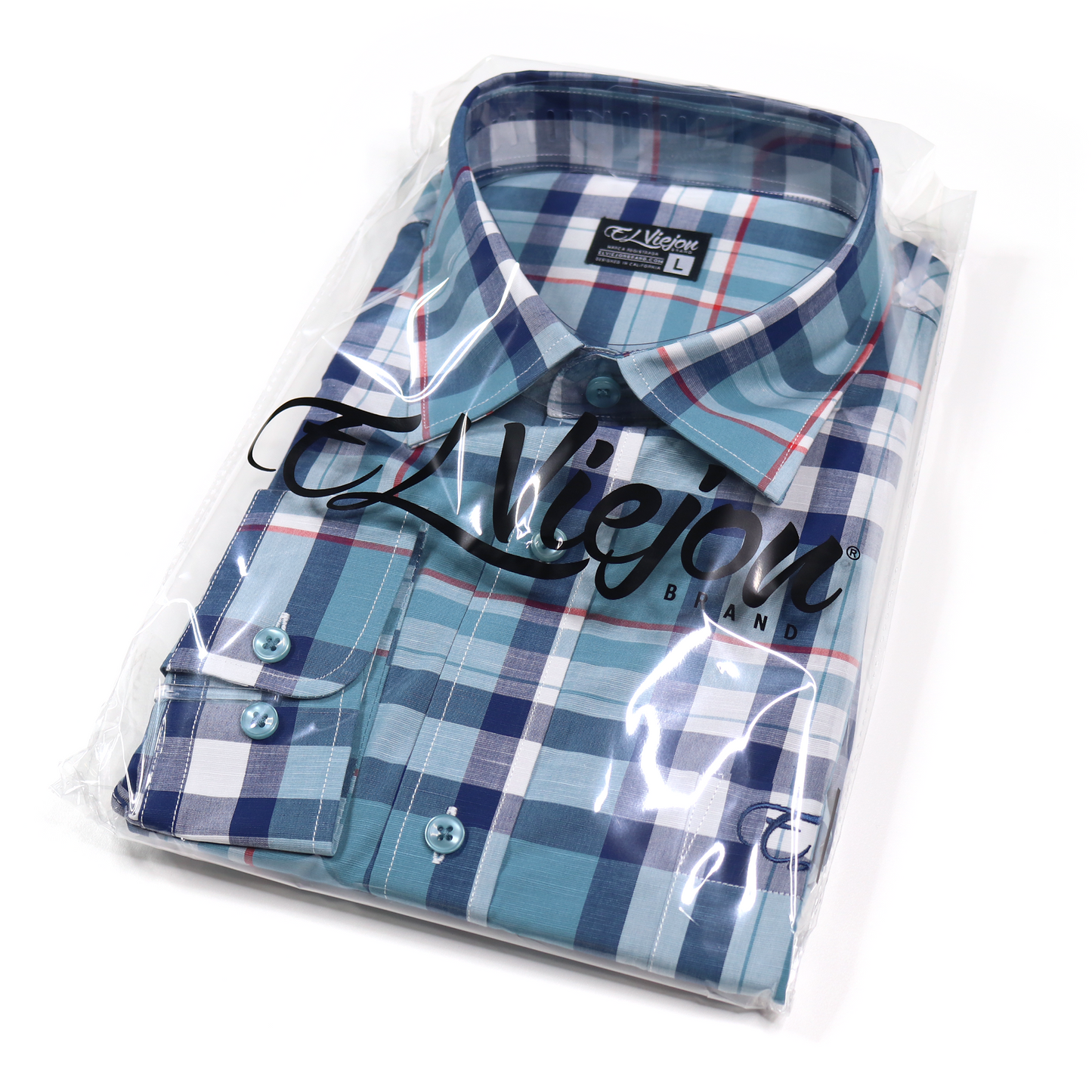 Plaid teal, navy, and red dress shirt with a straight collar and front pocket, folded in clear packaging.