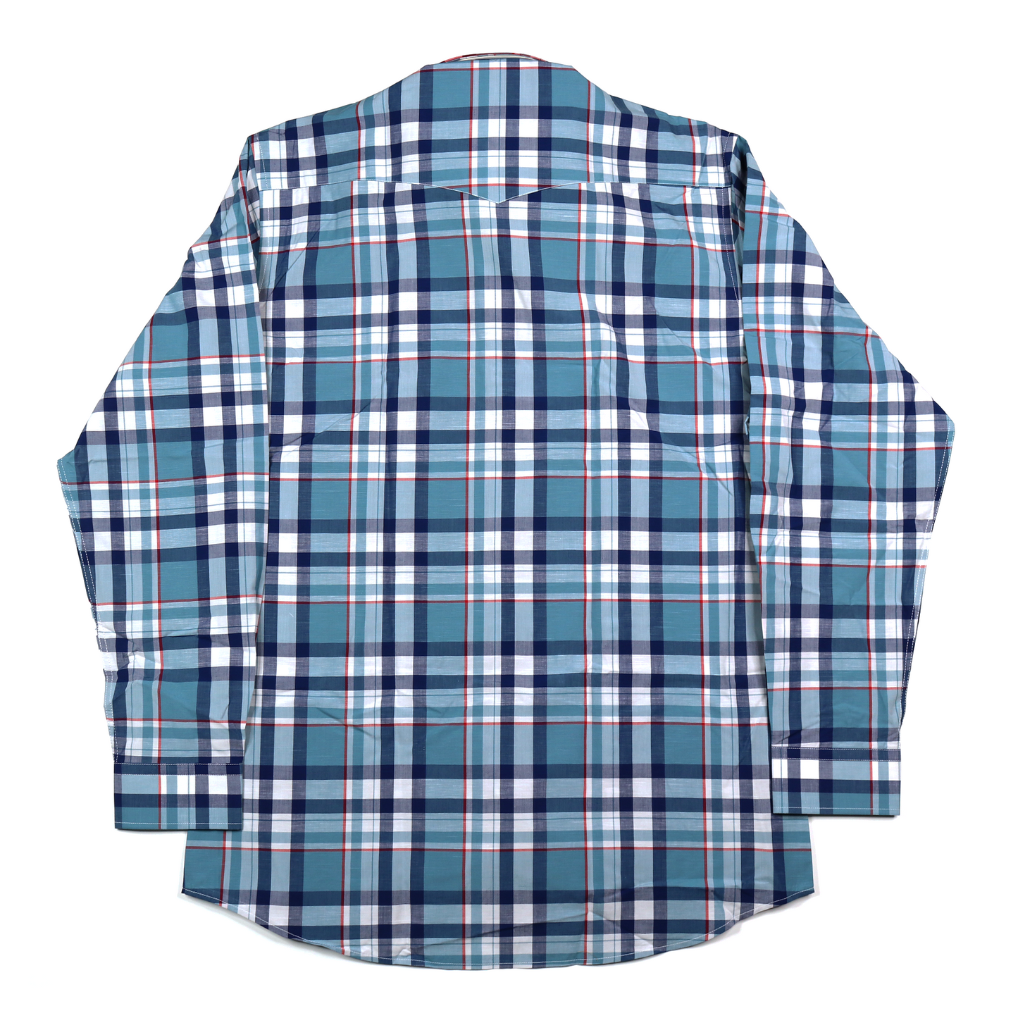 Plaid dress shirt in teal, navy, and red with long sleeves and a standard fit.