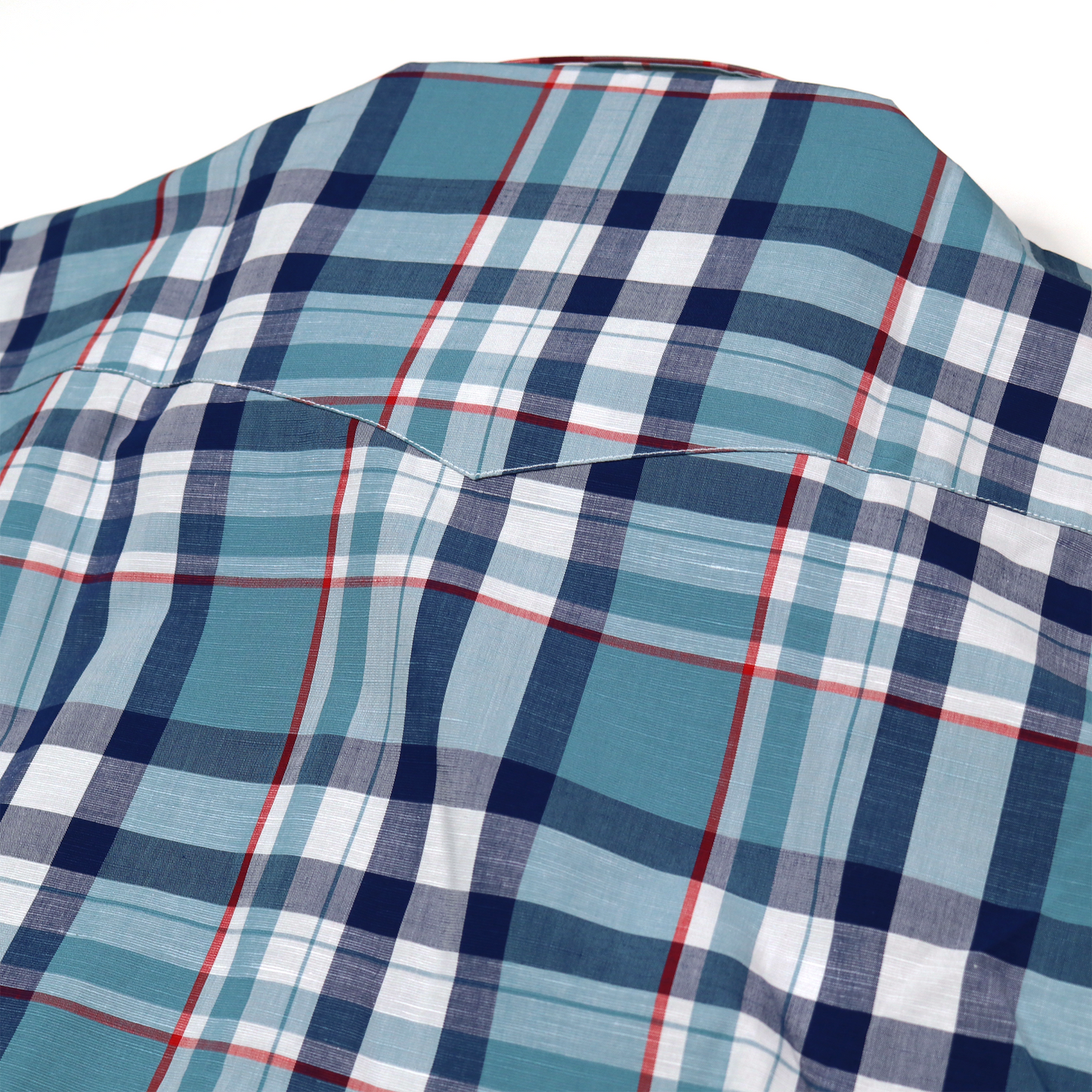 Plaid teal, navy, and red dress shirt, 75% cotton/25% modal, standard fit.