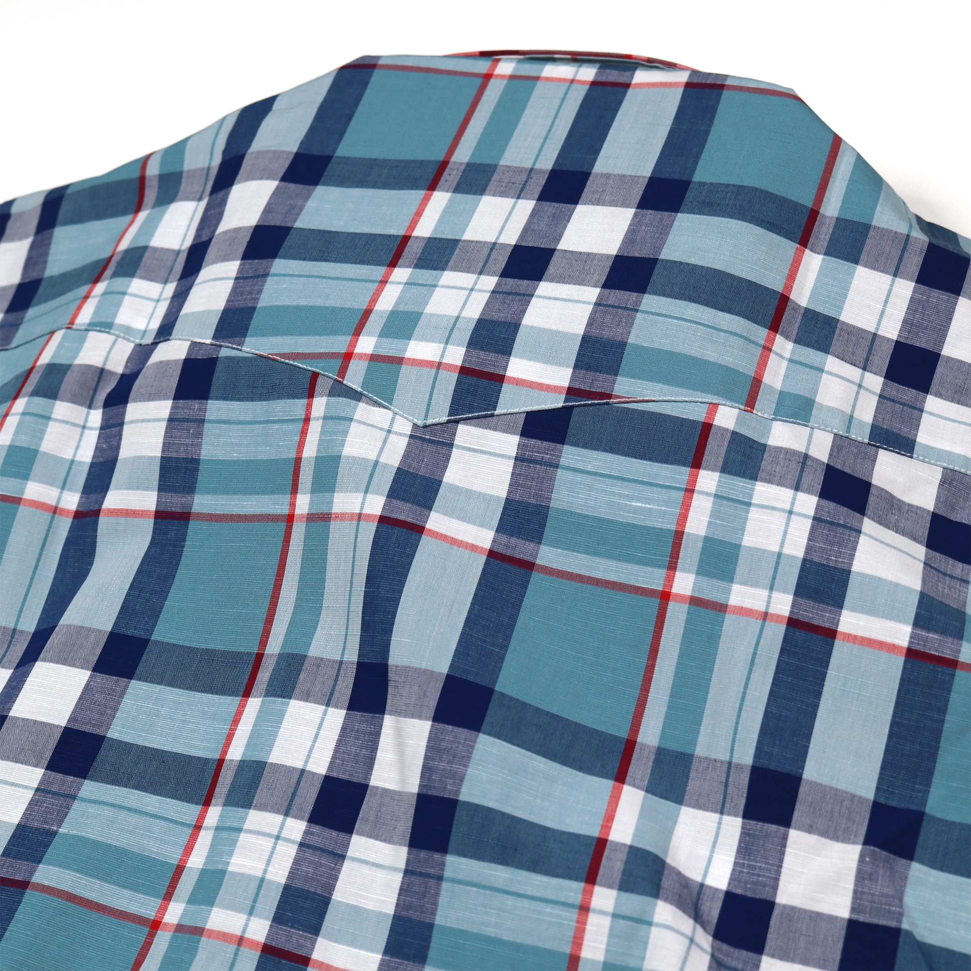 Plaid teal, navy, and red dress shirt, 75% cotton/25% modal, standard fit.