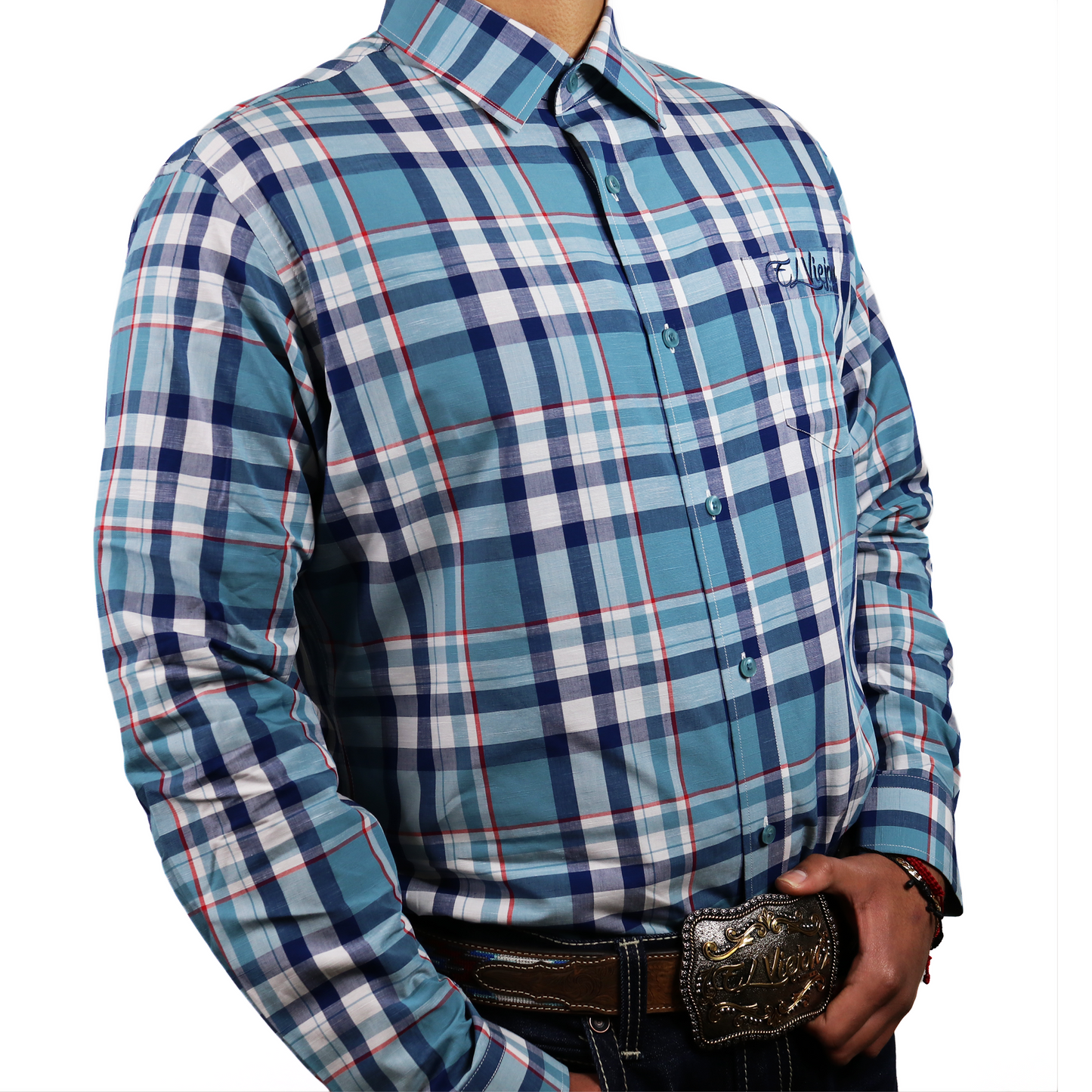 Men's plaid dress shirt in teal, navy, and red with a straight collar, front pocket, and embroidered logo.