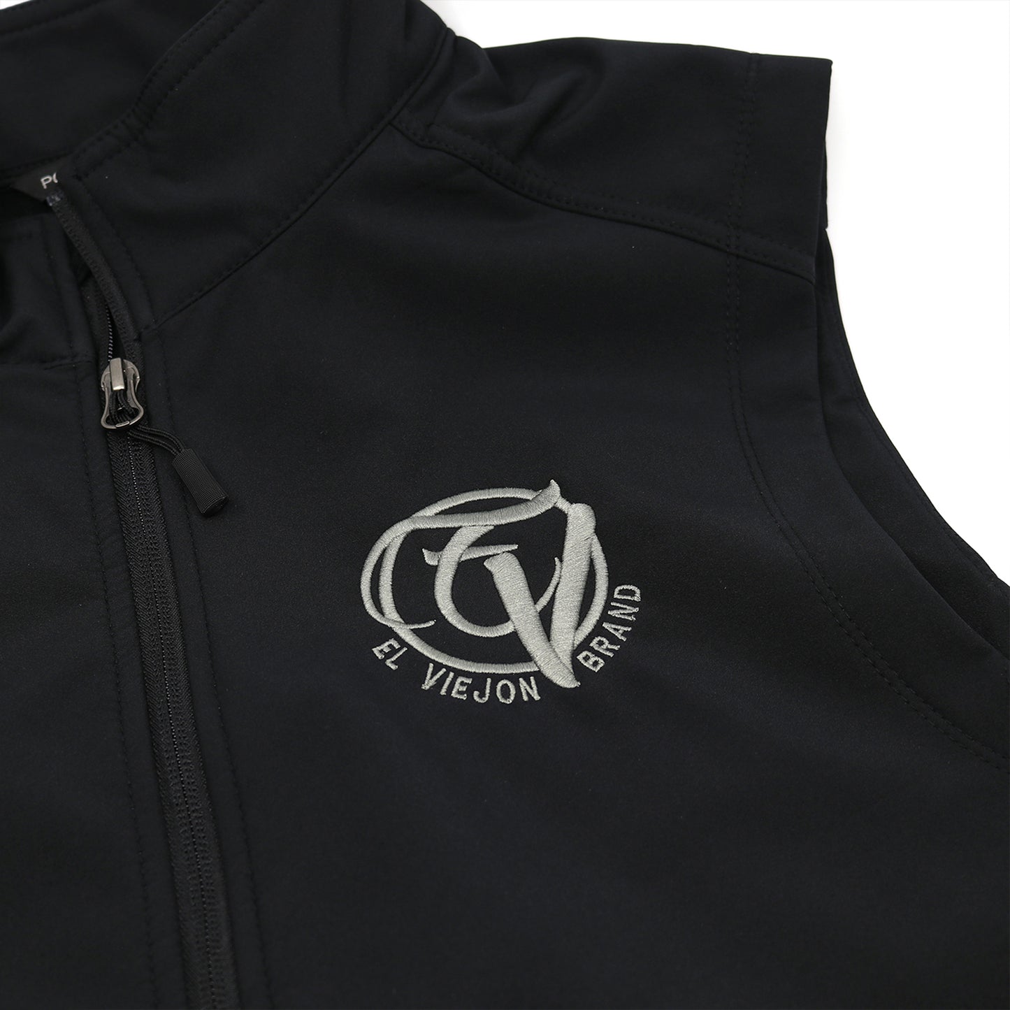 Black El Viejon Brand Vest with charcoal logo, zip-through cadet collar, and front zipper.