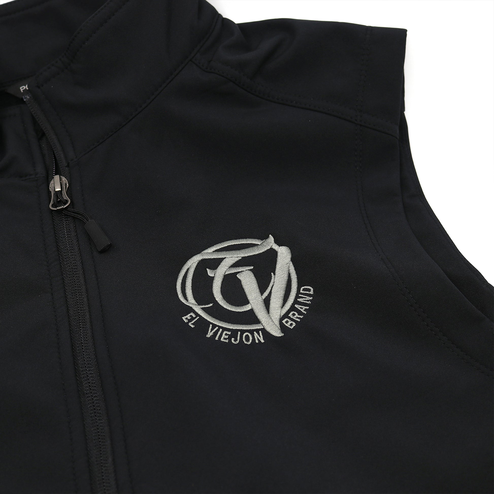 Black El Viejon Brand Vest with charcoal logo, zip-through cadet collar, and front zipper.