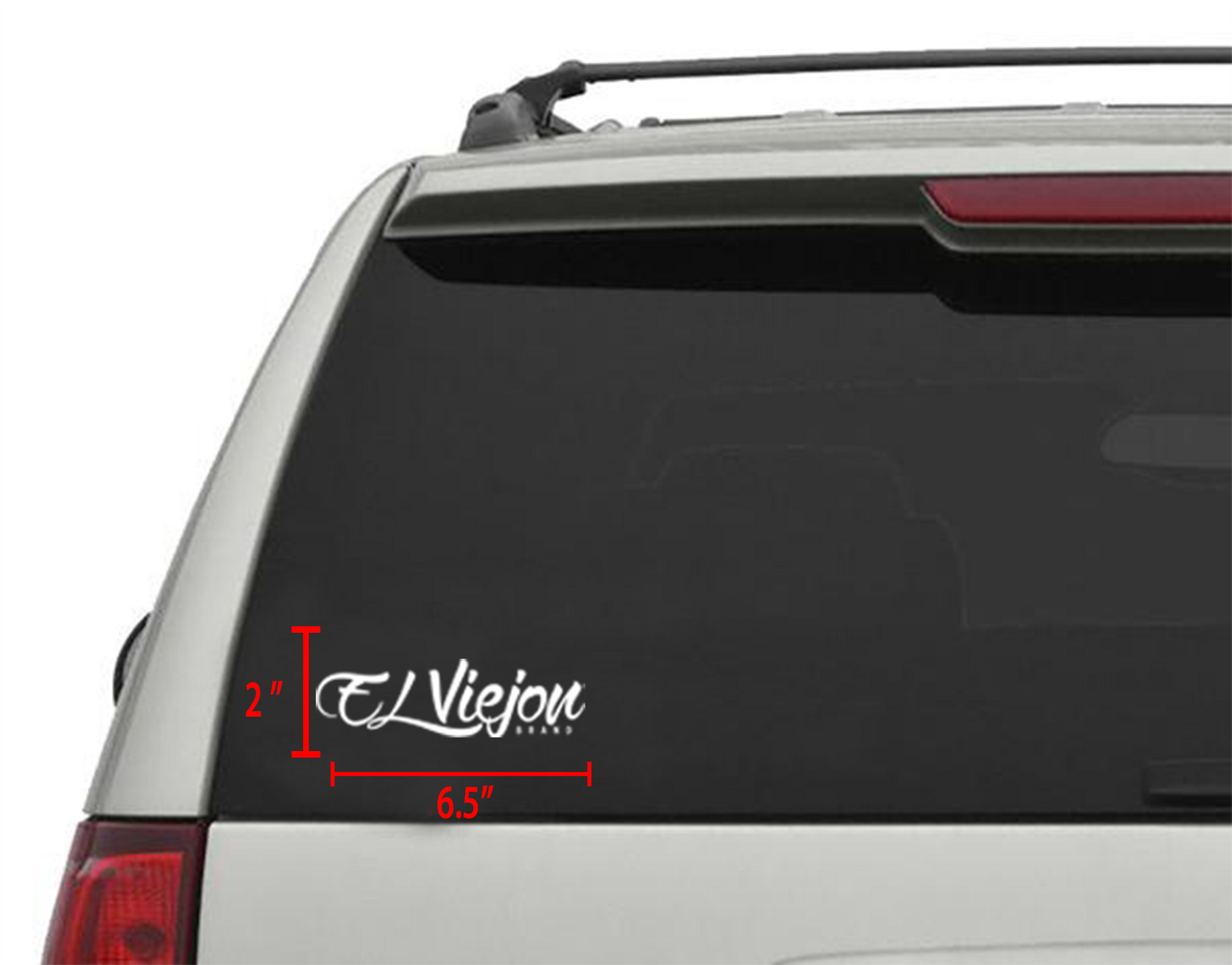 White El Viejon Brand die-cut vinyl decal, 6.5"x 2", applied to a vehicle's rear window.