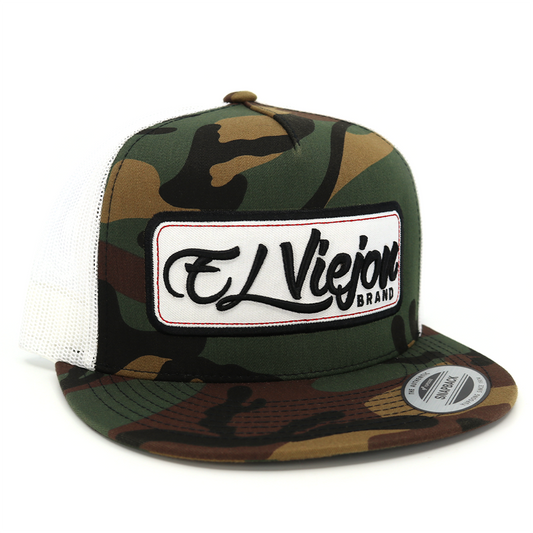 EV Patch Camo/White Yupoong Classic trucker hat with flat visor and "El Viejon Brand" patch.