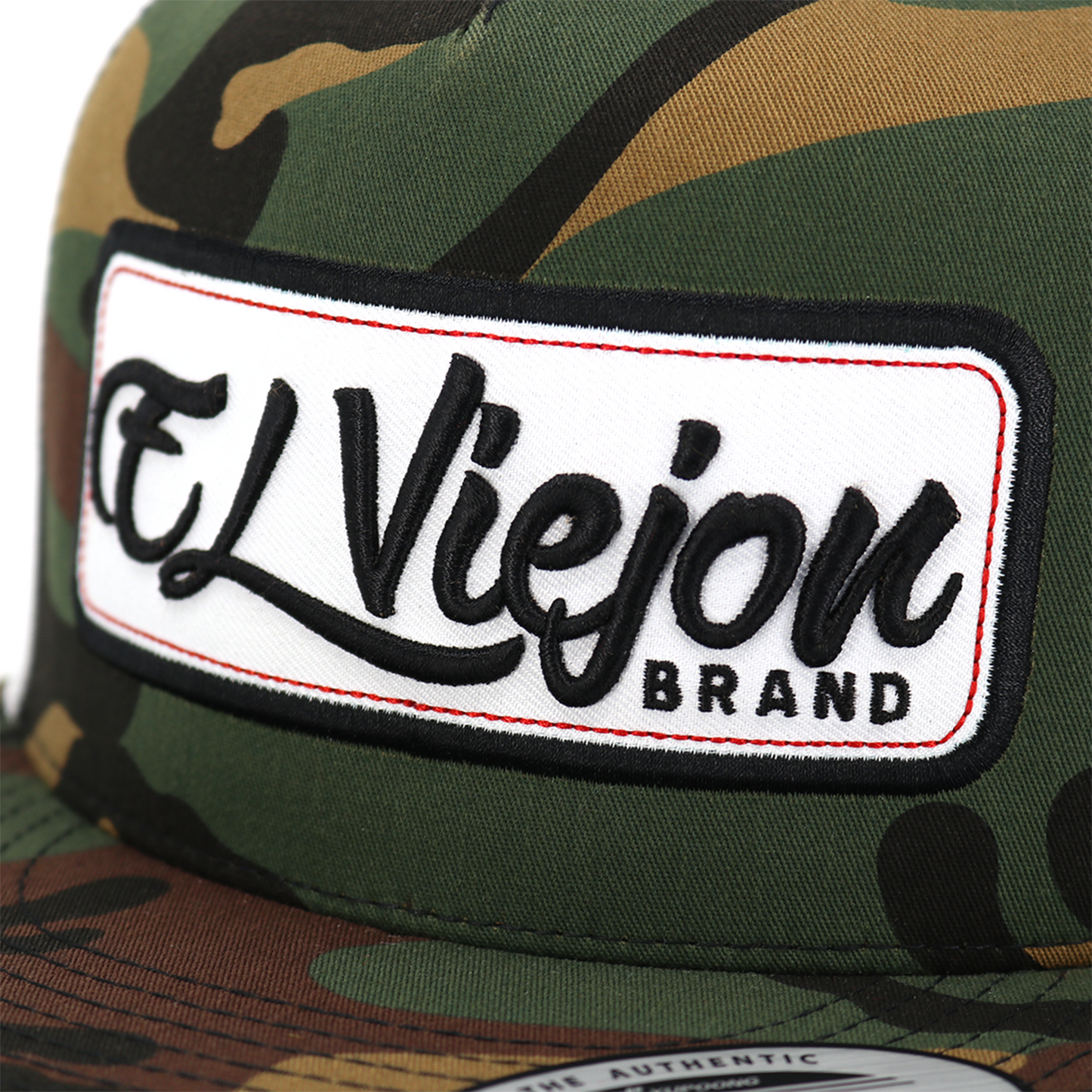 EV Patch Camo/White Yupoong Classic trucker hat with "EL ViejoN BRAND" embroidered patch.