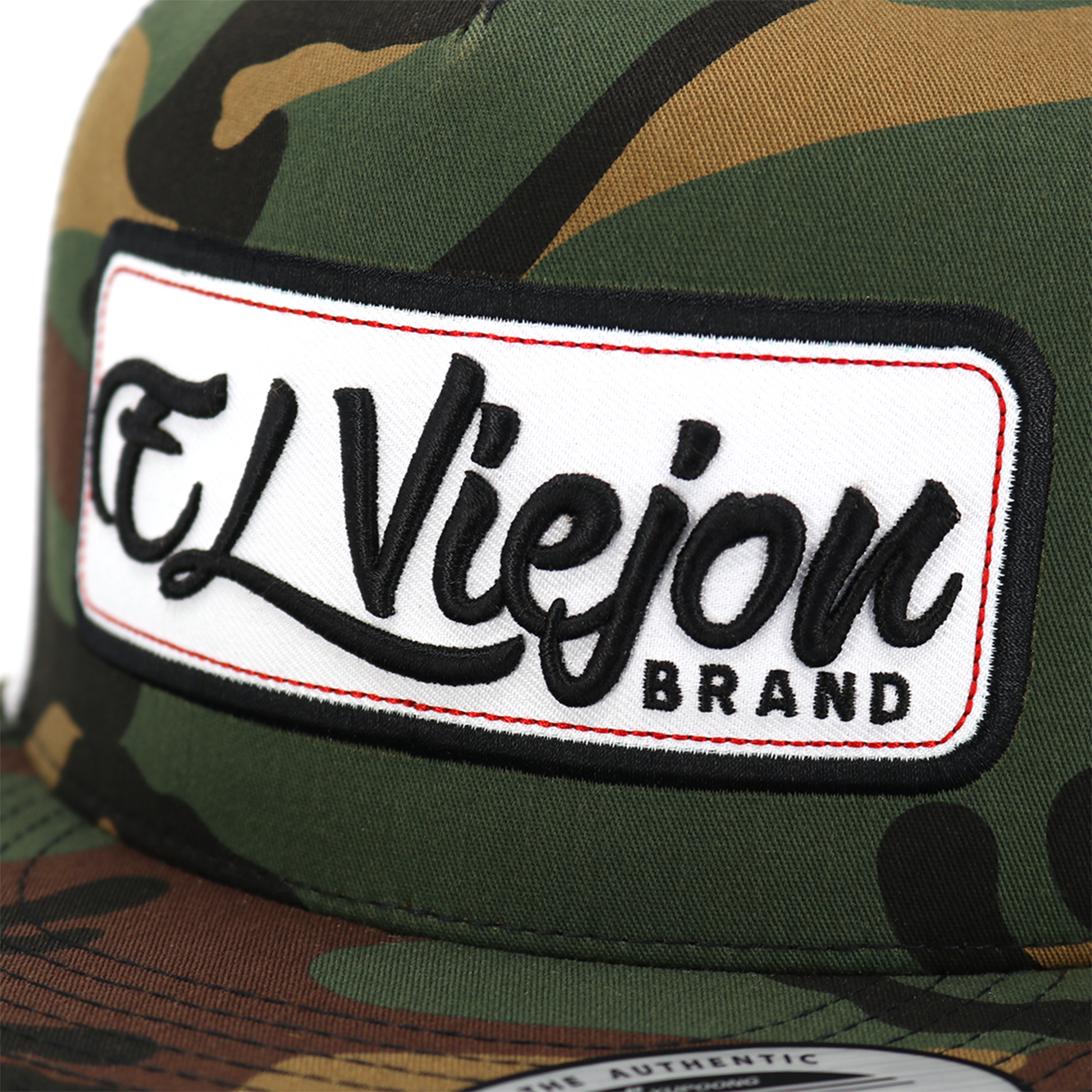 EV Patch Camo/White Yupoong Classic trucker hat with "EL ViejoN BRAND" embroidered patch.