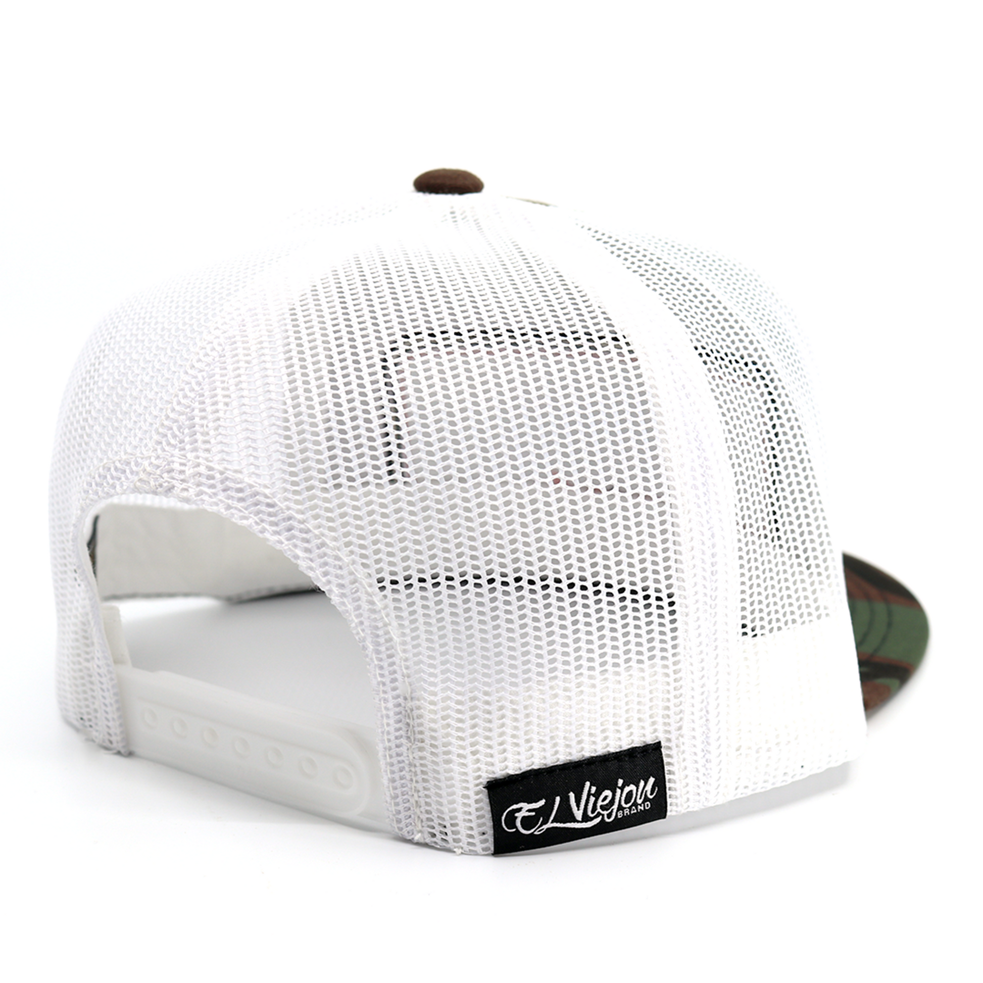 EV Patch Camo/White Yupoong Classic trucker hat with white mesh back, flat visor, and adjustable snapback.
