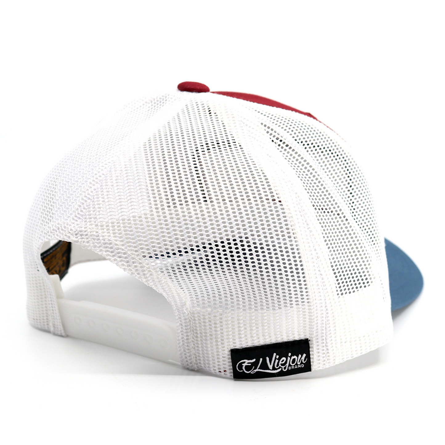 EVpatch Indigo/Maroon/White classic visor hat with white mesh back and adjustable snapback.