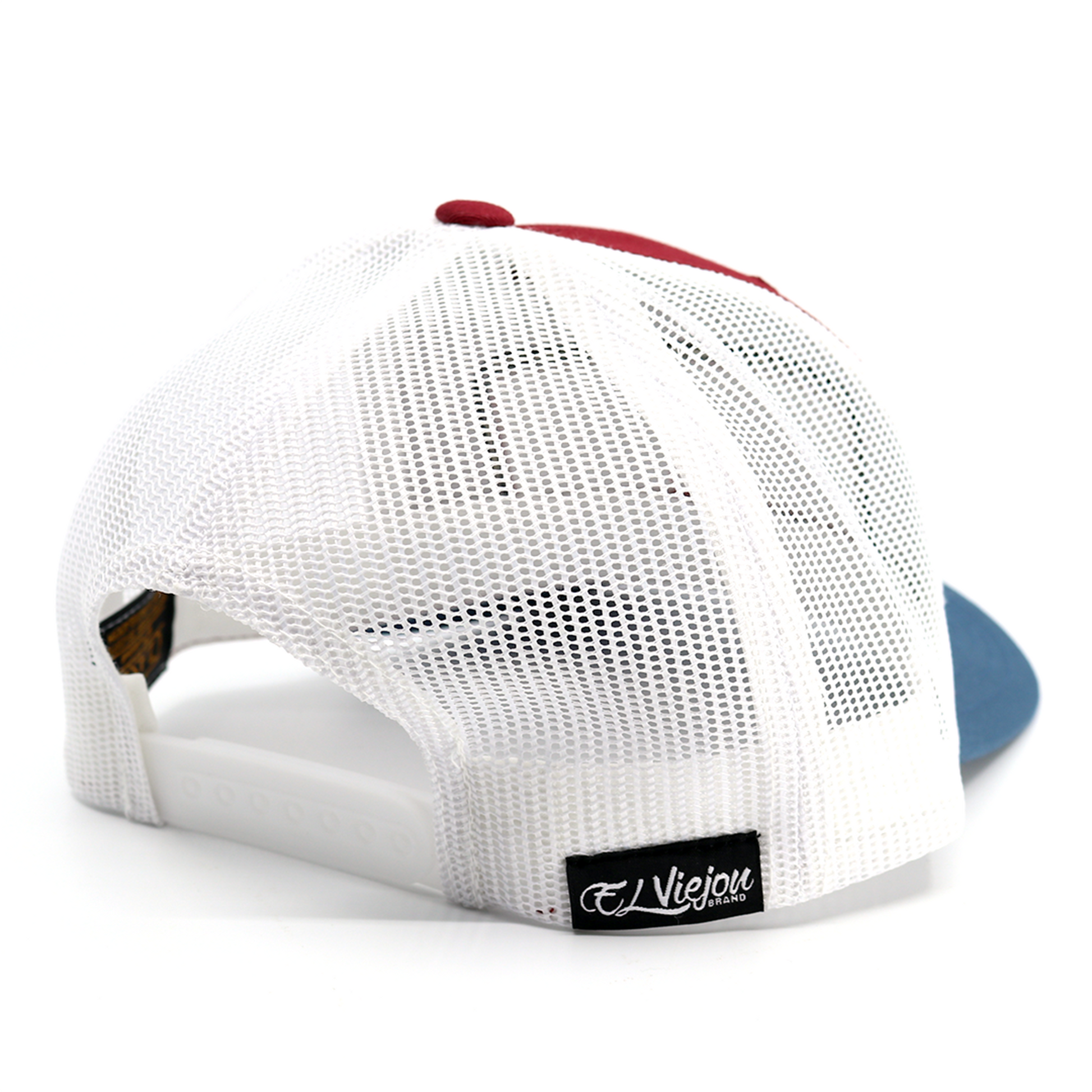 EVpatch Indigo/Maroon/White classic visor hat with white mesh back and adjustable snapback.