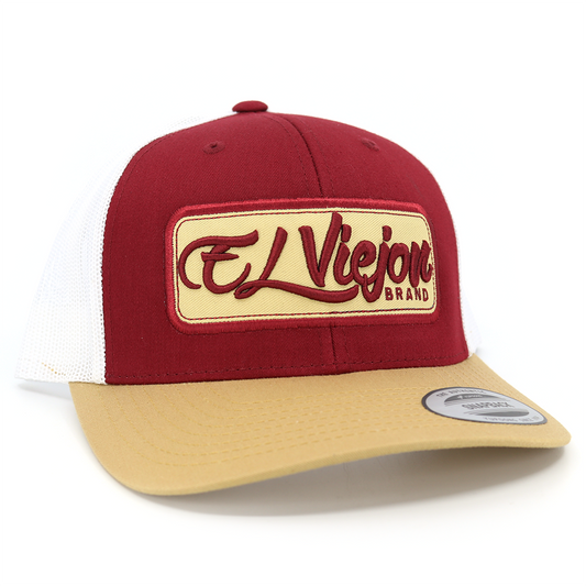 EV Patch Tan/Maroon/White Yupoong Classic trucker hat with embroidered El Viejon Brand logo.