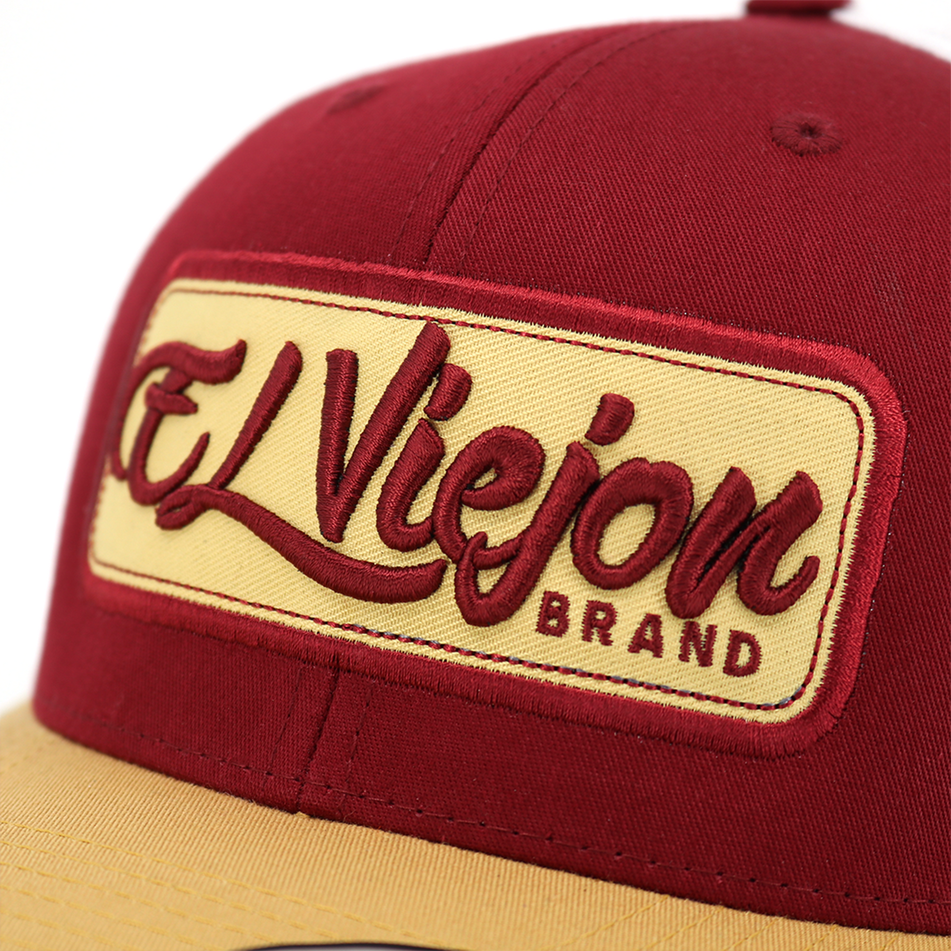 EV Patch Tan/Maroon/White classic visor hat with "El Viejon Brand" embroidered patch.