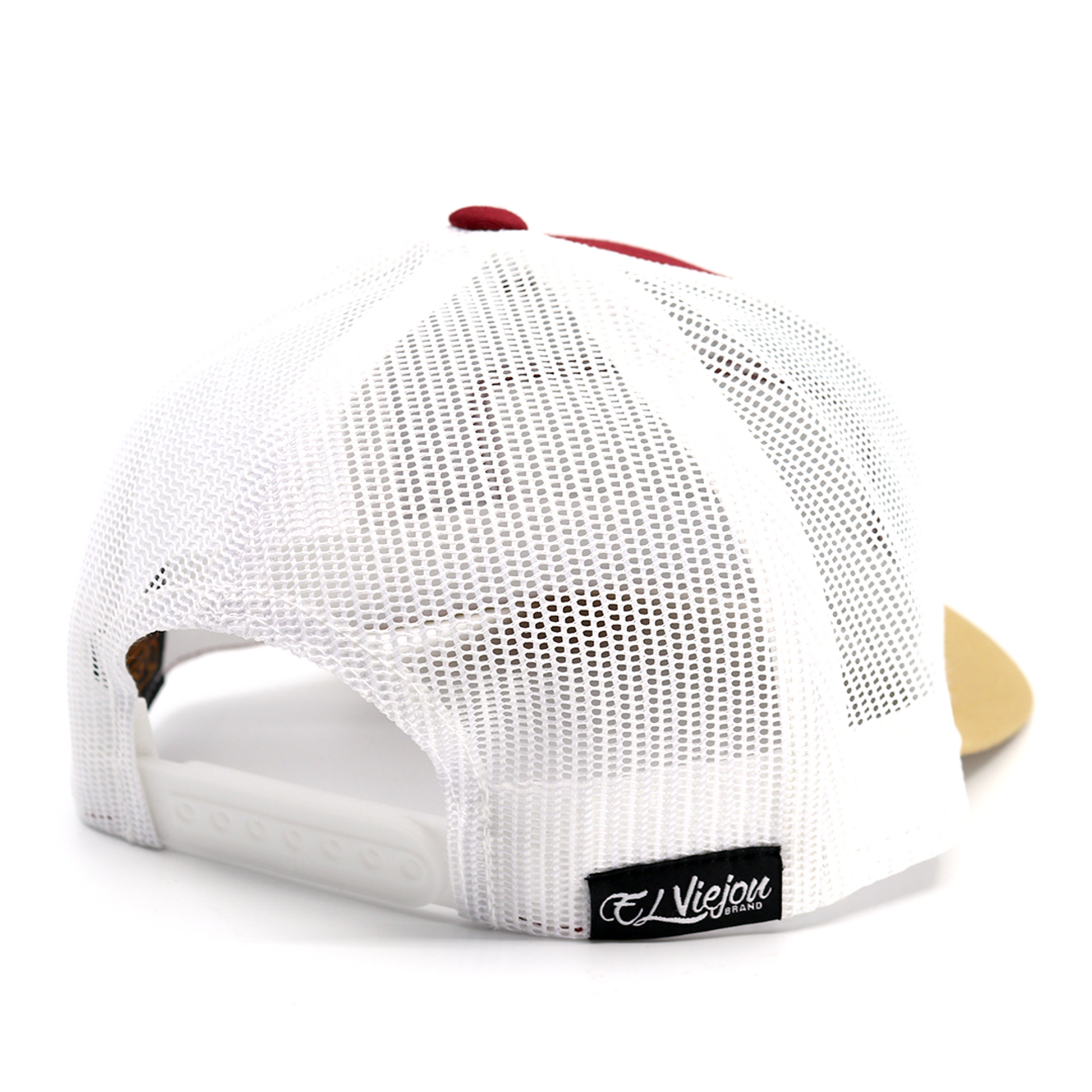 EVPatch Tan/Maroon/White Yupoong Classic trucker hat with white mesh back and snapback.