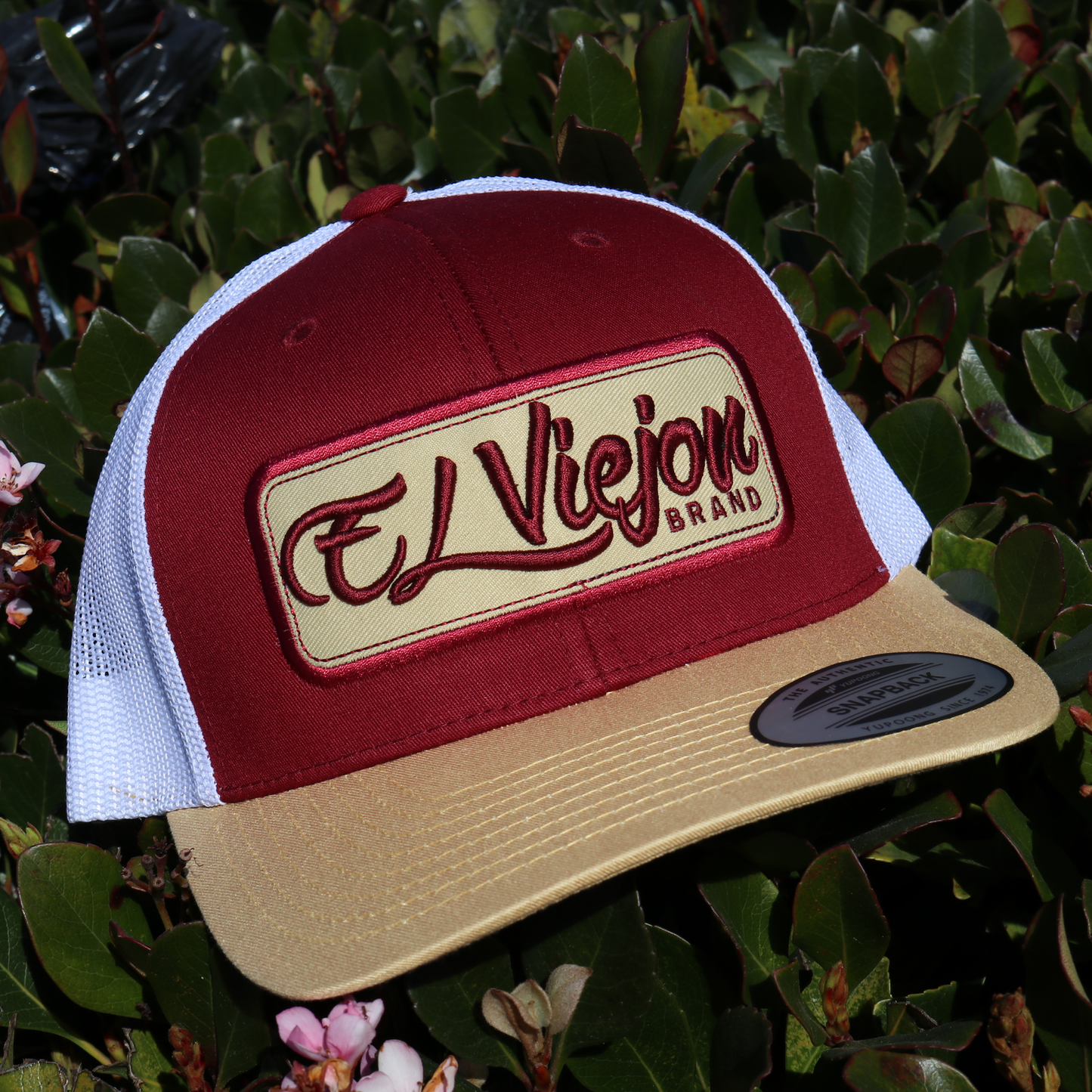 EV Patch Tan/Maroon/White Yupoong Classic trucker hat with "El Viejon Brand" logo.